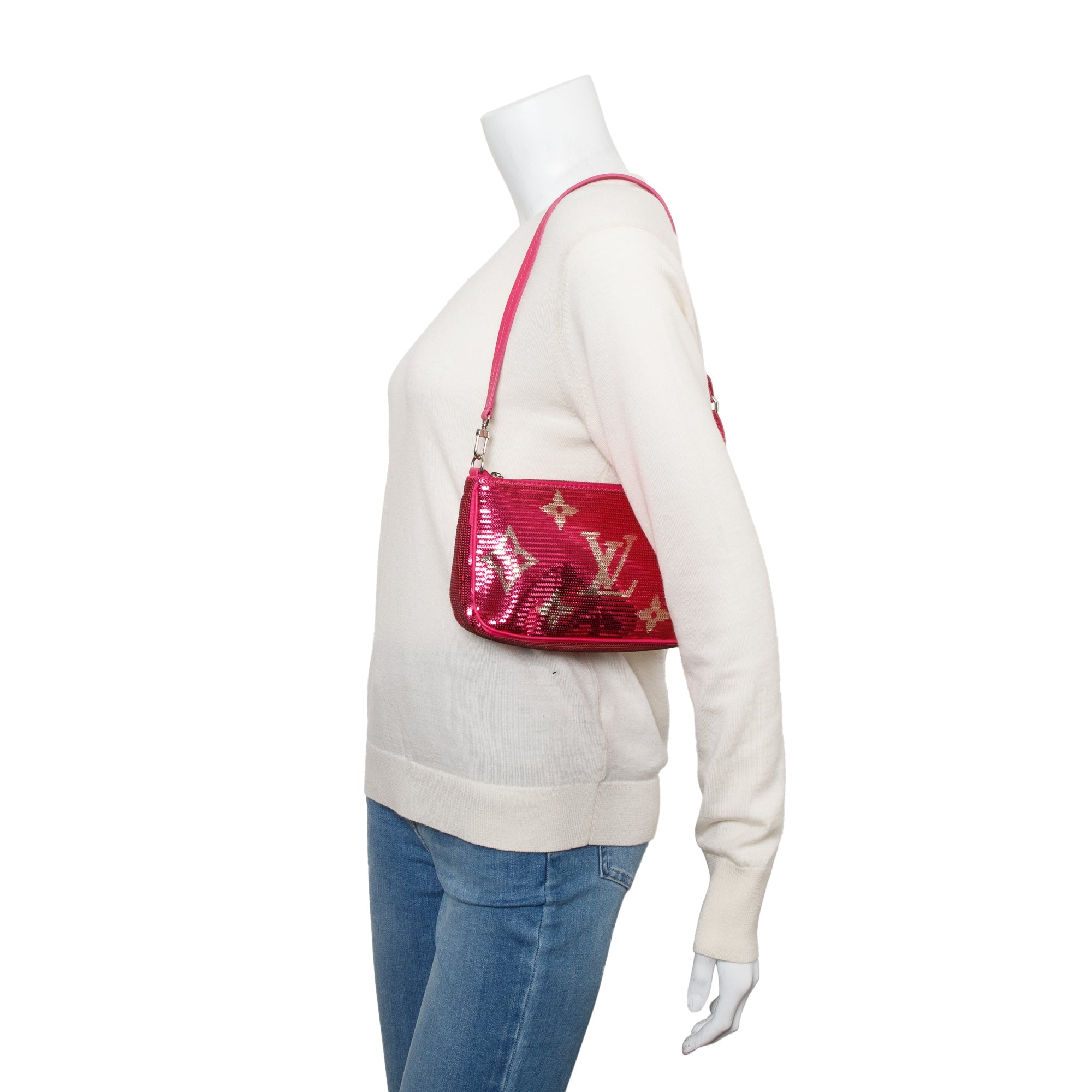 Louis Vuitton 2023 Fuchsia Silver Monogram Giant Sequins Pochette Accessoires w/ Receipt