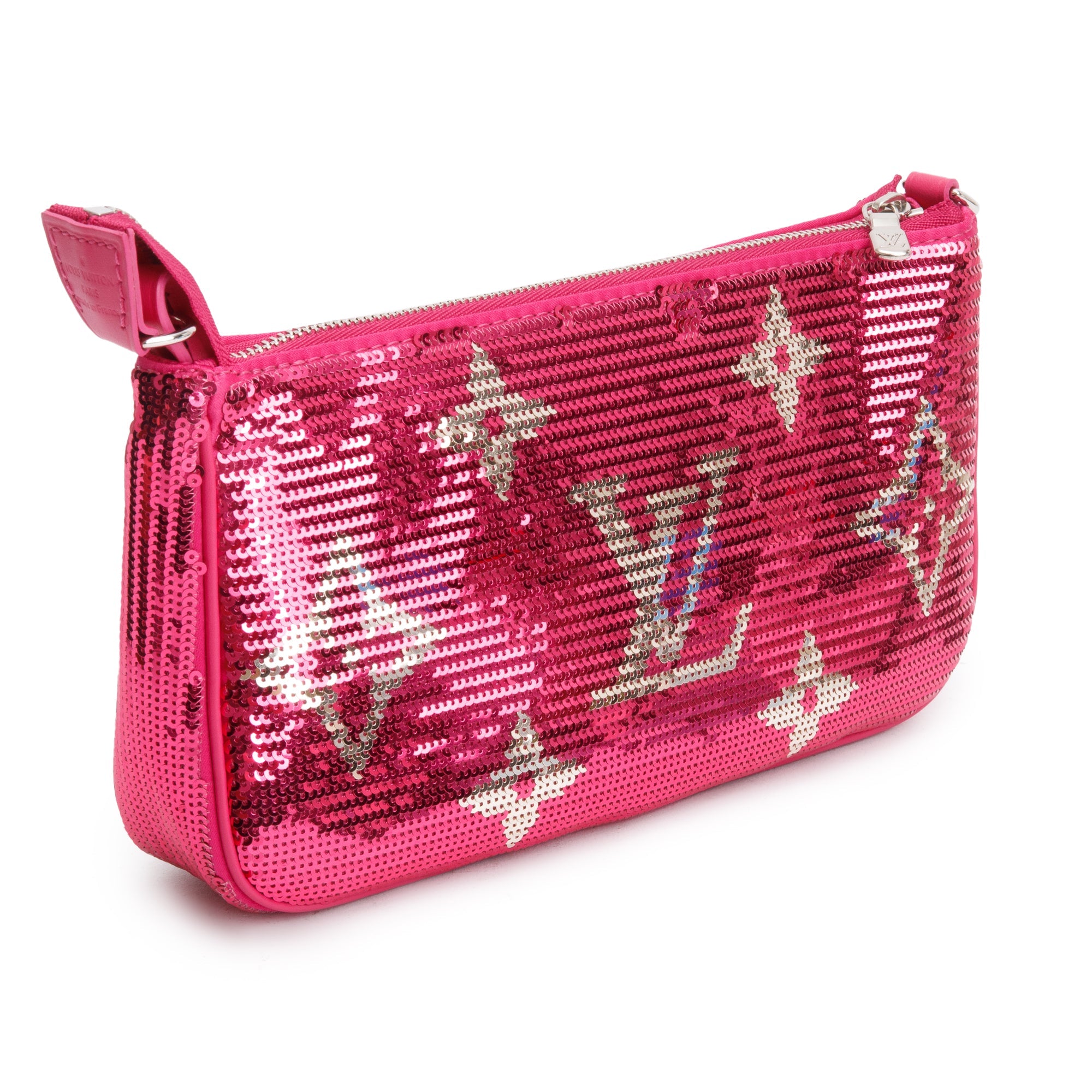 Louis Vuitton 2023 Fuchsia Silver Monogram Giant Sequins Pochette Accessoires w/ Receipt