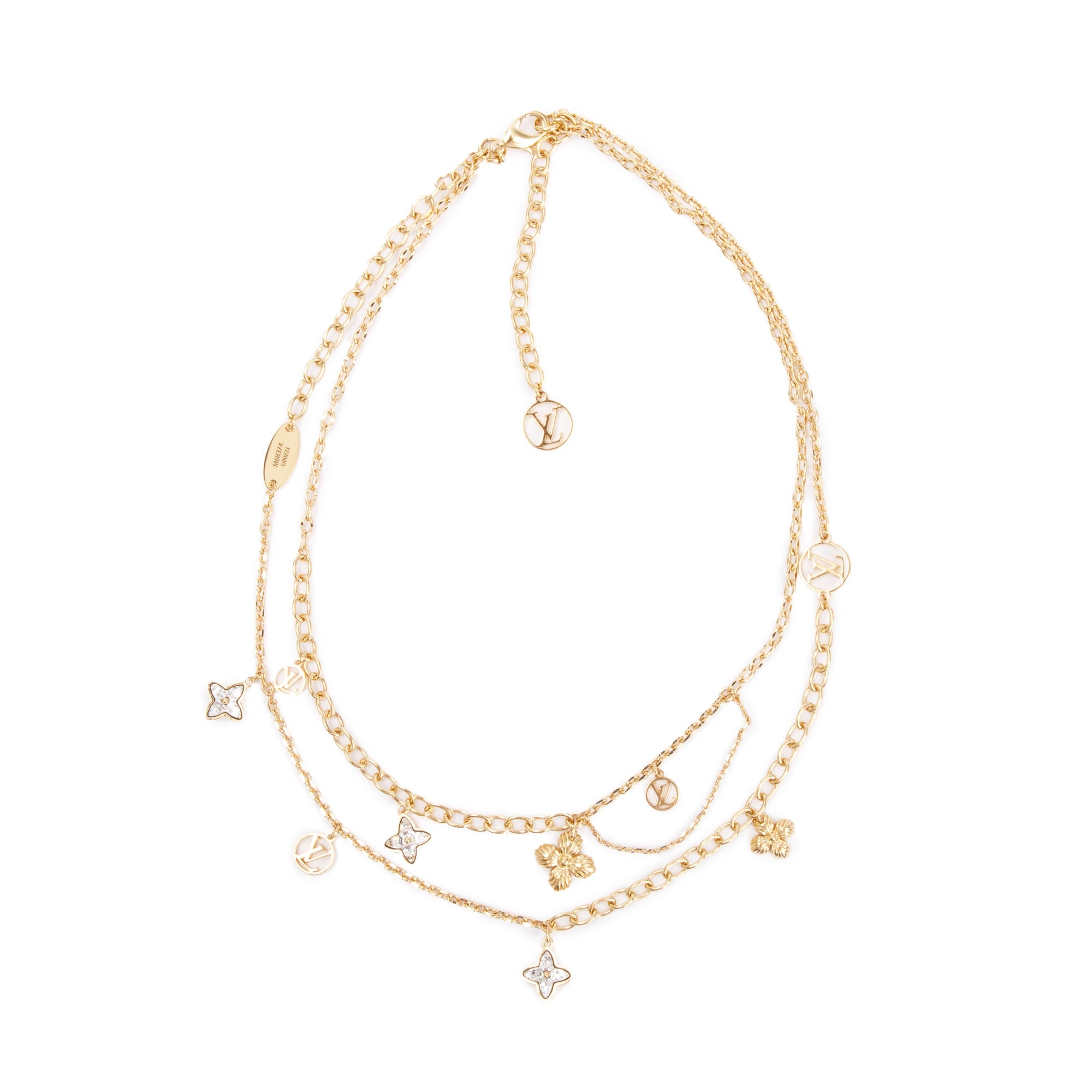 Louis Vuitton 2023 Gold Plated Crystal Blooming Strass Double Strand Necklace w/ Box & Receipt