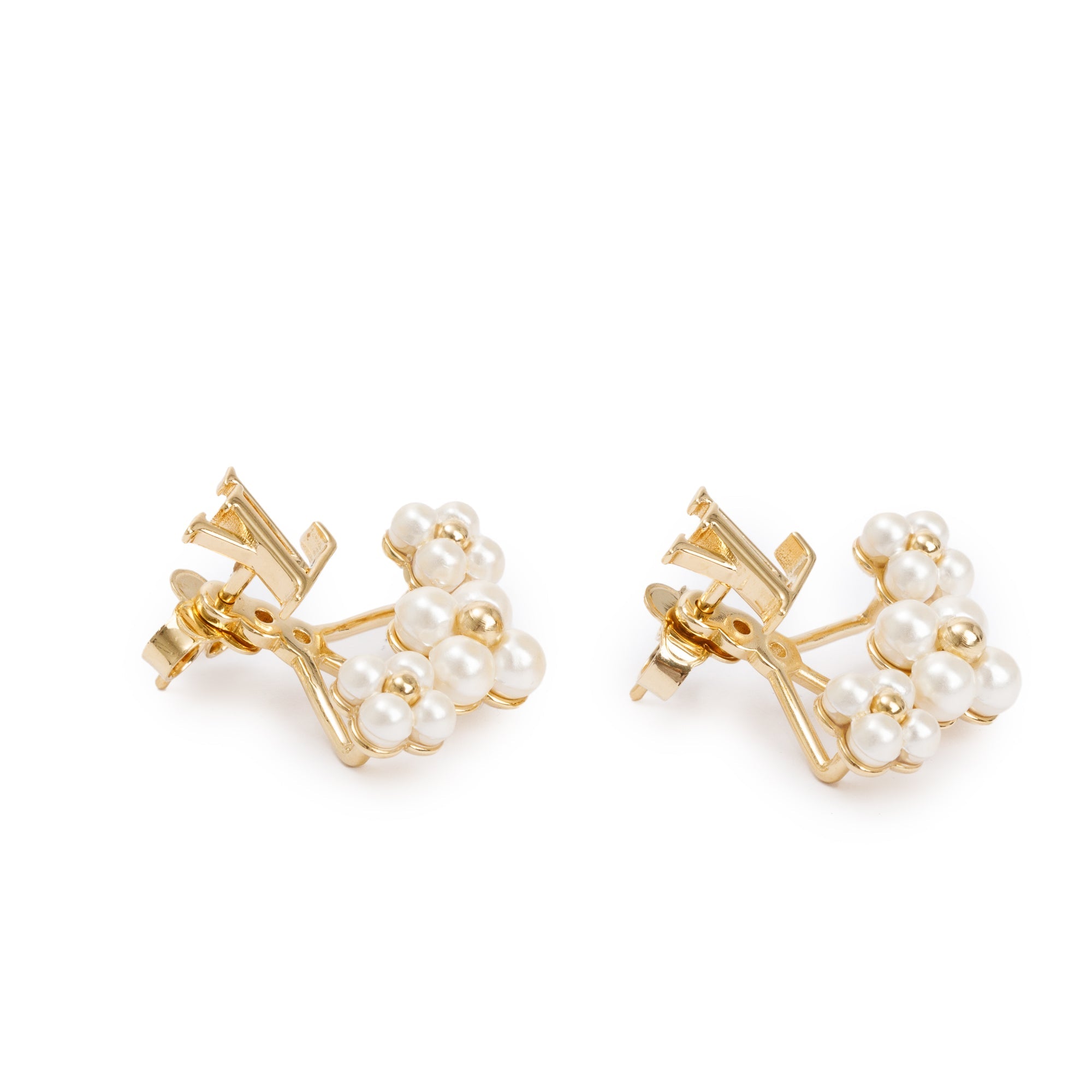 Louis Vuitton 2023 Gold-Plated White Bead LV Floragram Earrings w/ Box