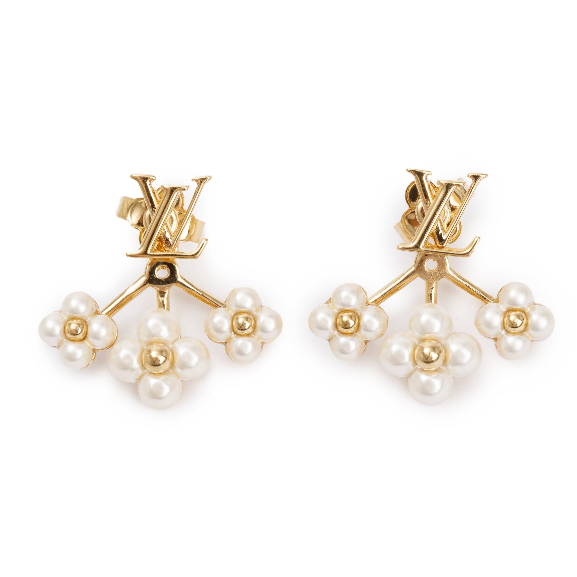 Louis Vuitton 2023 Gold-Plated White Bead LV Floragram Earrings w/ Box