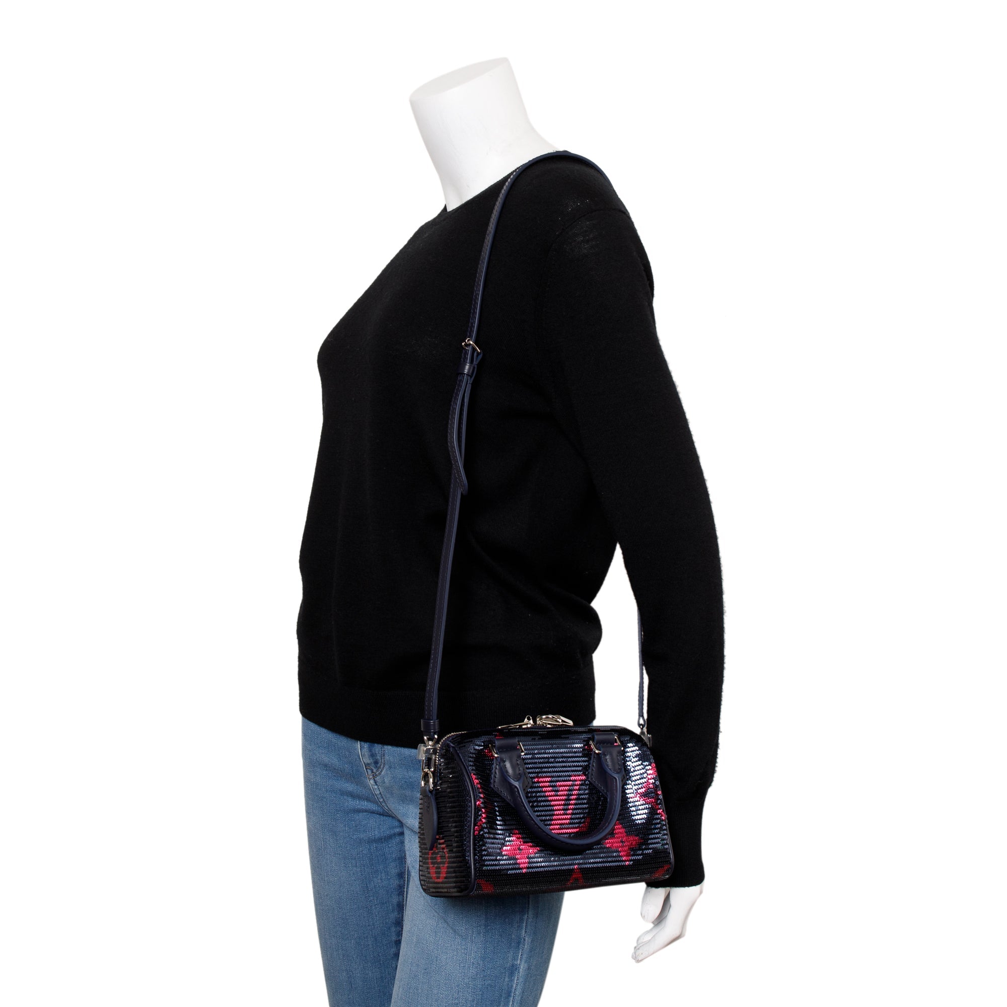 Louis Vuitton 2023 Navy Fuchsia Monogram Giant Sequins Speedy Bandouliere 18 w/ Strap & Box