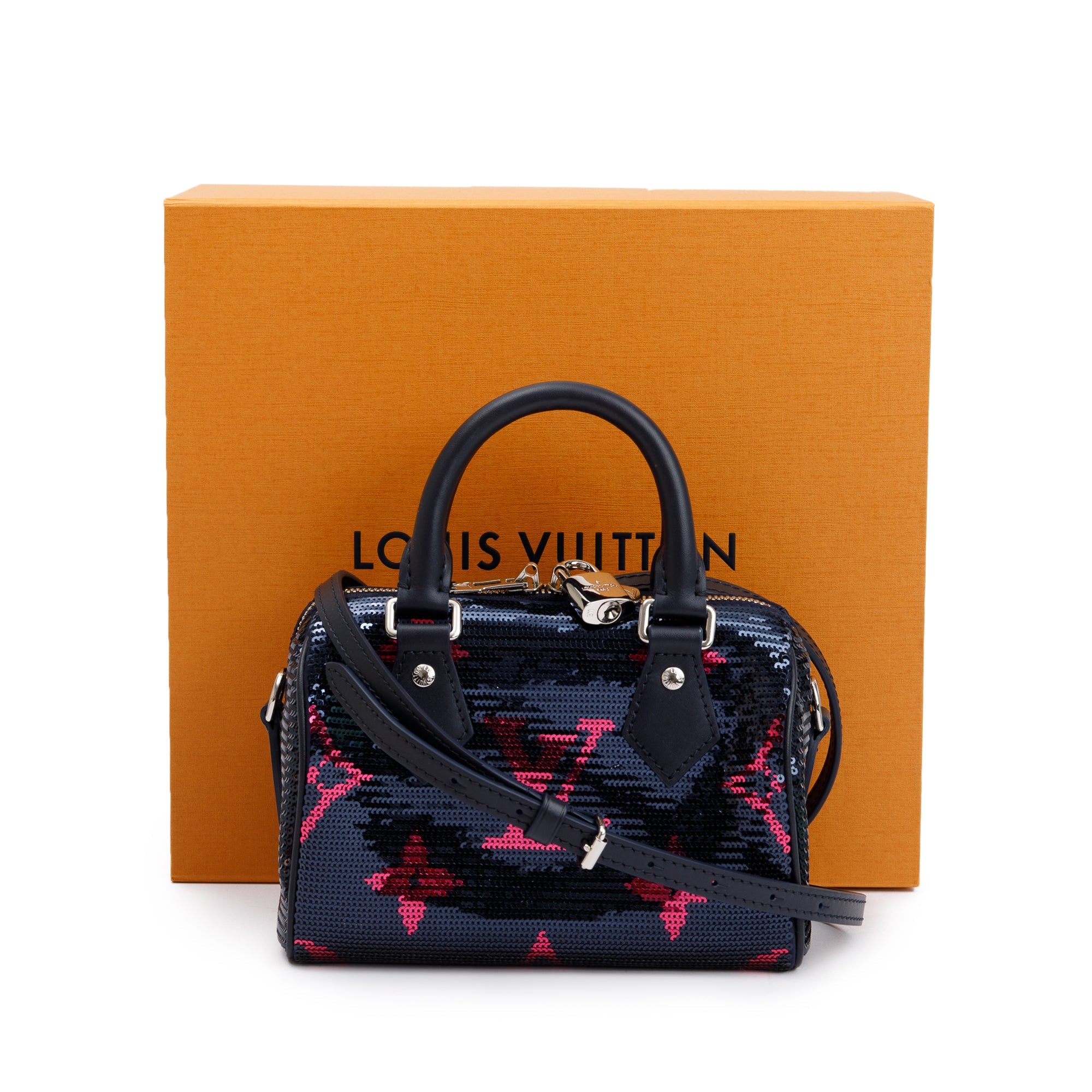 Louis Vuitton 2023 Navy Fuchsia Monogram Giant Sequins Speedy Bandouliere 18 w/ Strap & Box
