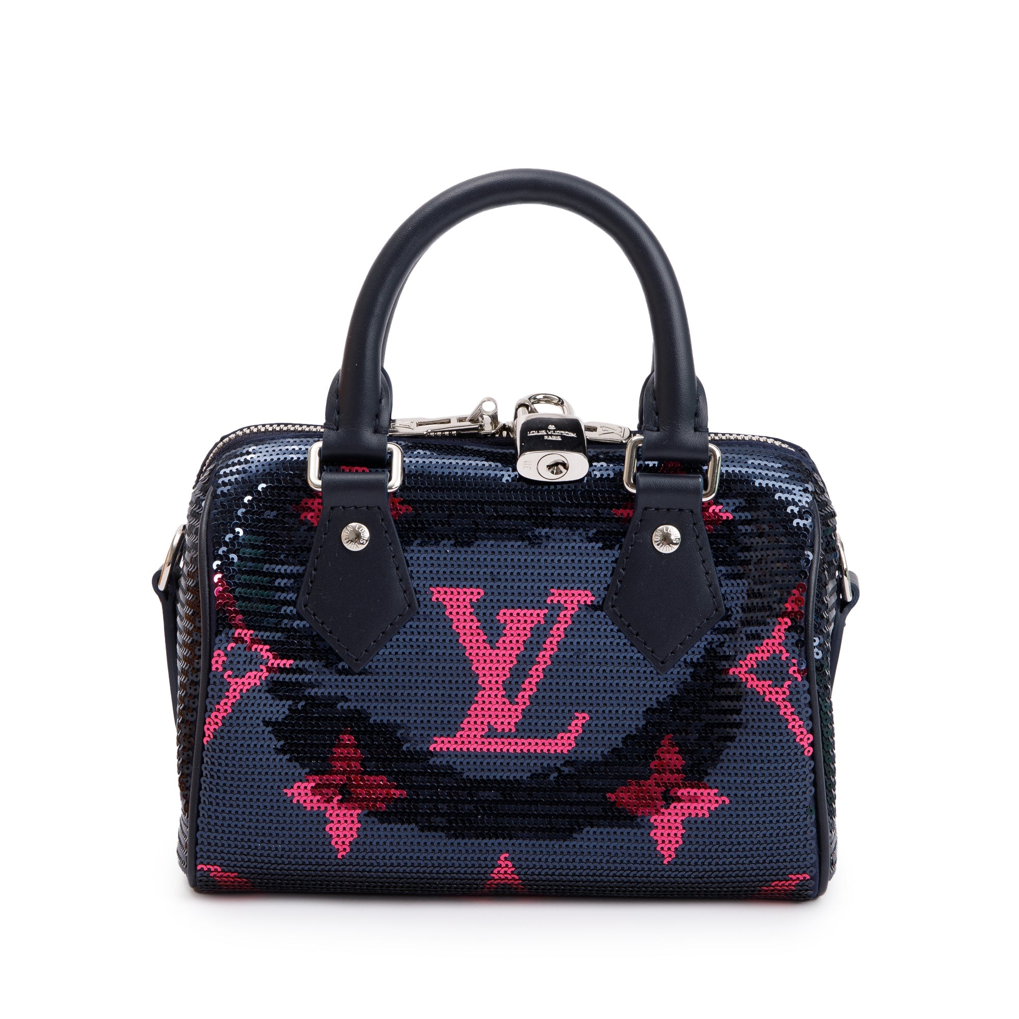 Louis Vuitton 2023 Navy Fuchsia Monogram Giant Sequins Speedy Bandouliere 18 w/ Strap & Box