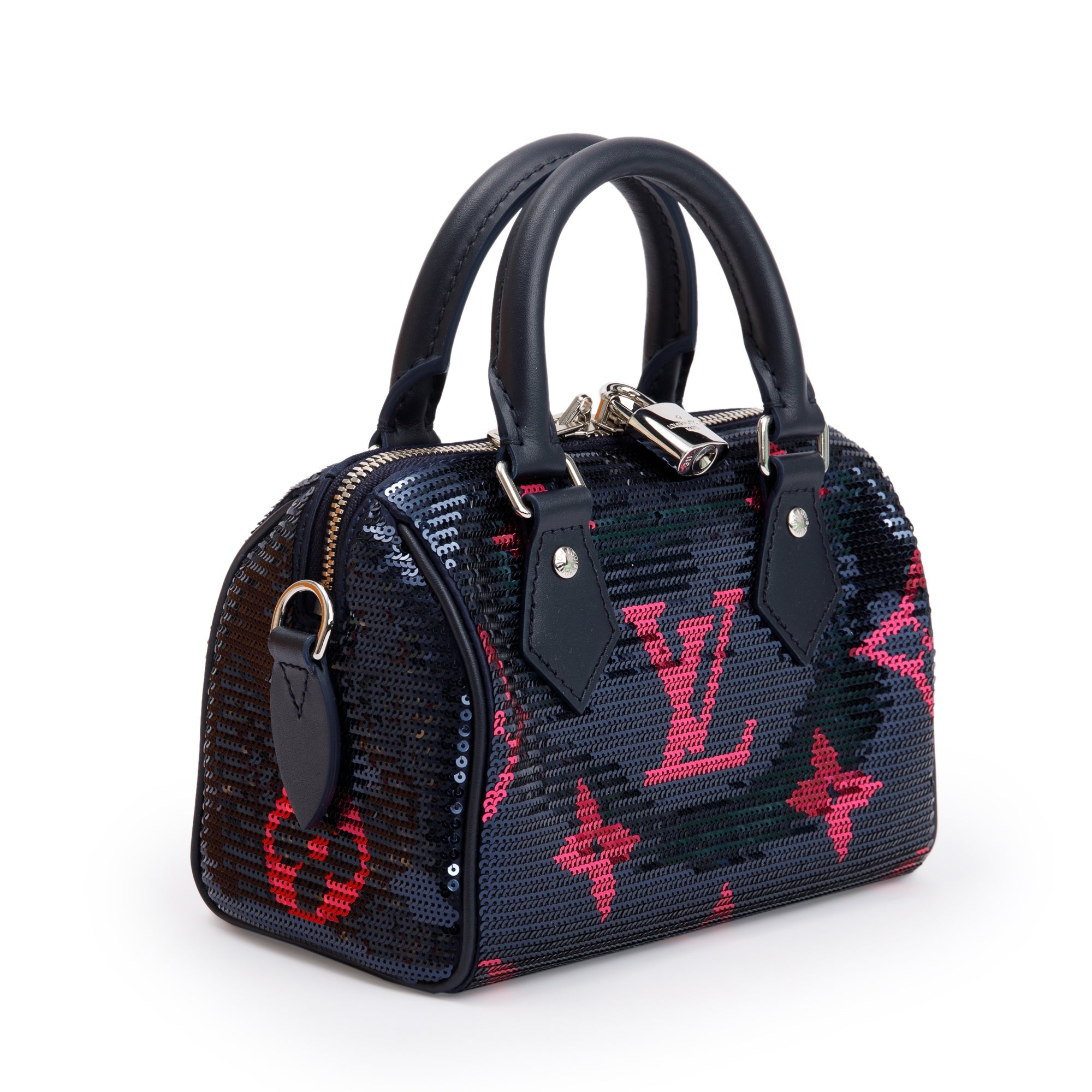 Louis Vuitton 2023 Navy Fuchsia Monogram Giant Sequins Speedy Bandouliere 18 w/ Strap & Box