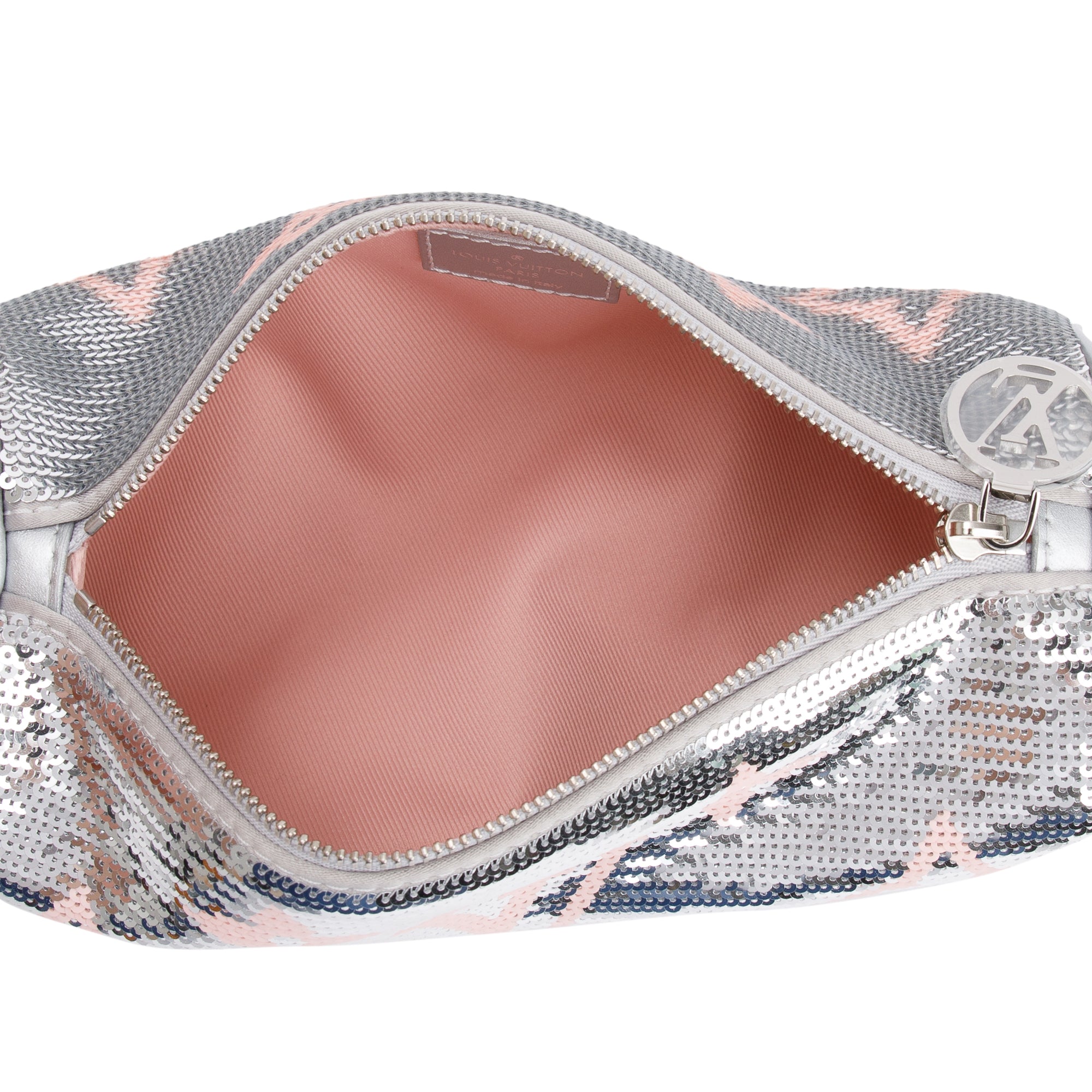 Louis Vuitton 2023 Silver Rose Monogram Giant Sequins Papillon Pouch w/ Straps, Receipt & Box