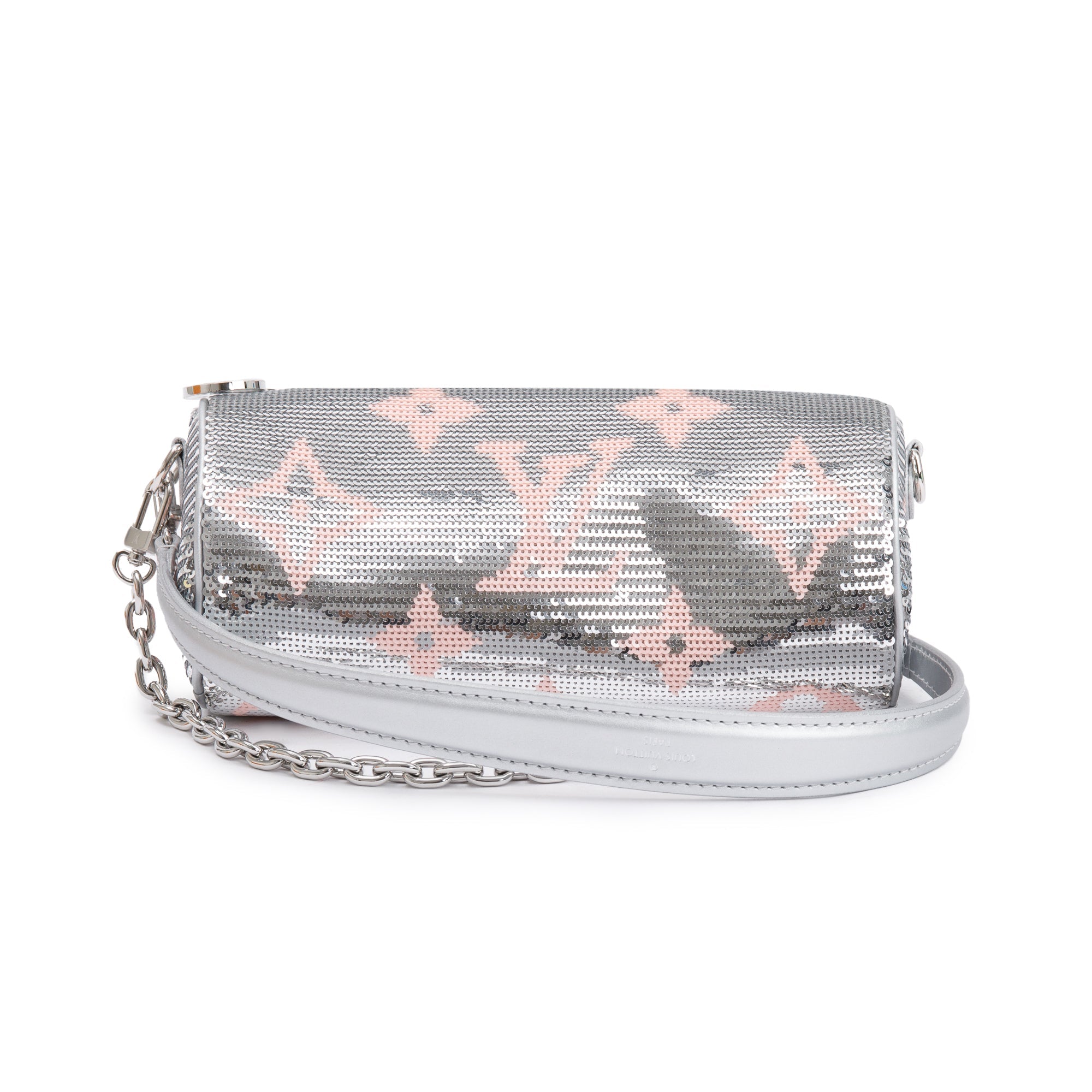 Louis Vuitton 2023 Silver Rose Monogram Giant Sequins Papillon Pouch w/ Straps, Receipt & Box