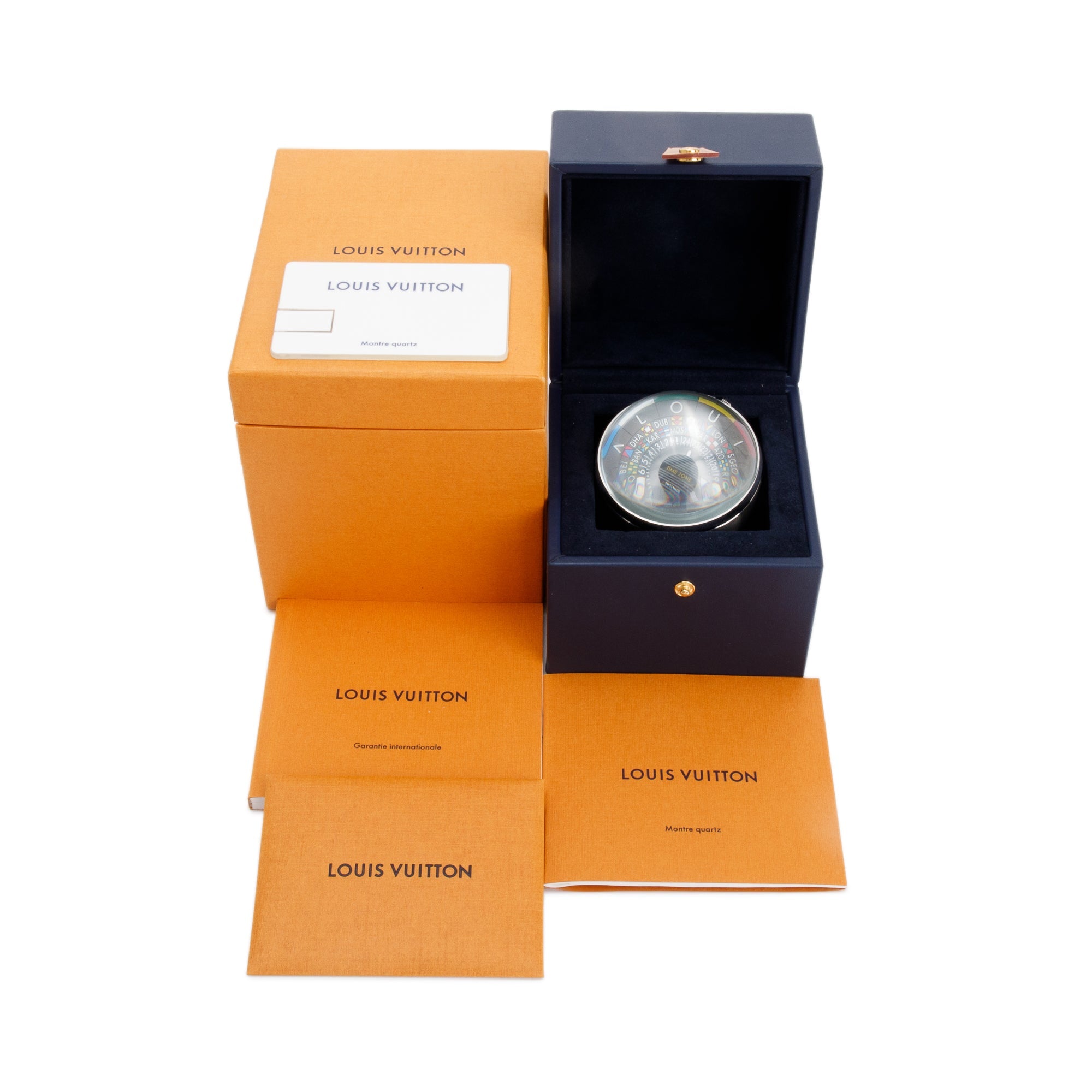 Louis Vuitton 2023 Silver Tone Metal Black Lacquer Escale Timezone Table Clock w/ Box