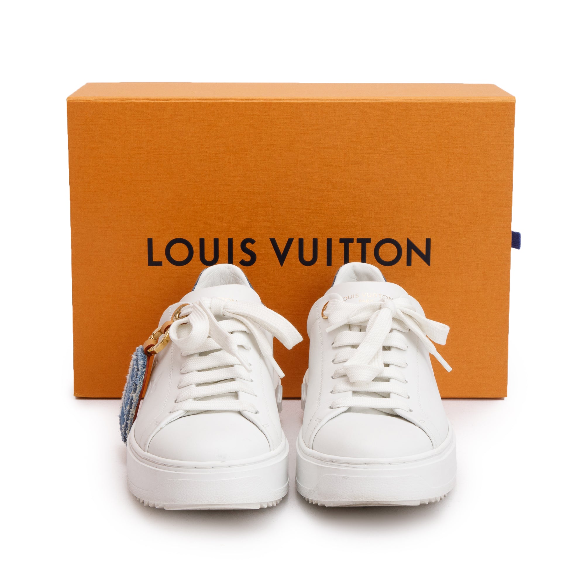 Louis Vuitton 2023 White Monogram Debosssed Leather Denim Trim Time Out Sneakers, Size 37 w/ Box