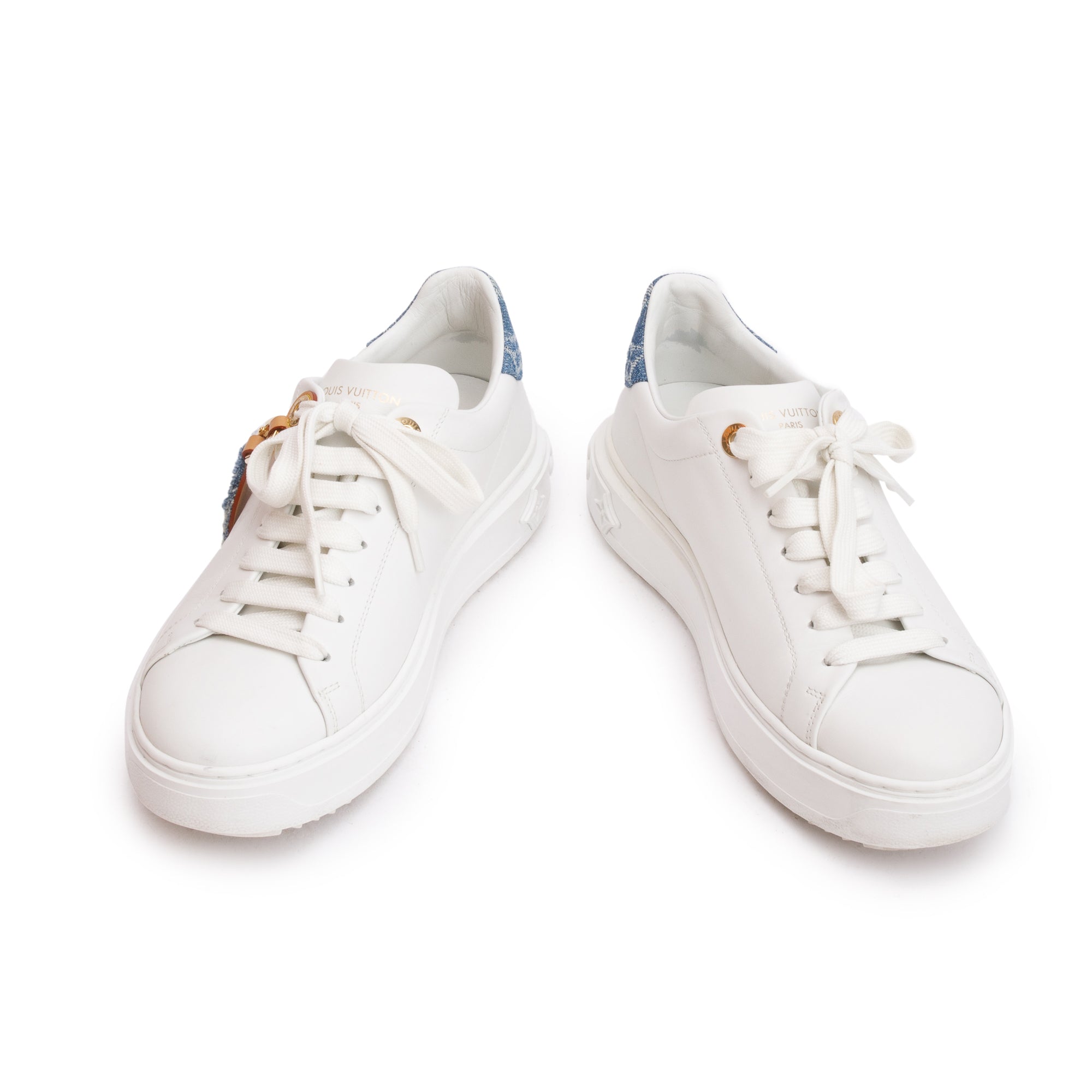 Louis Vuitton 2023 White Monogram Debosssed Leather Denim Trim Time Out Sneakers, Size 37 w/ Box
