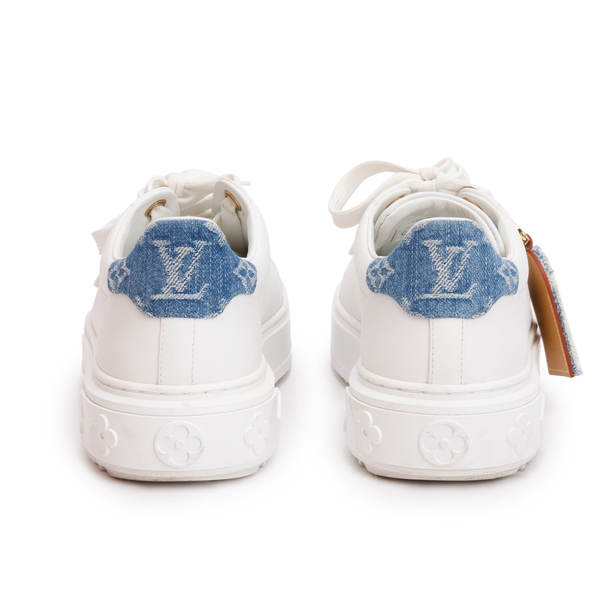 Louis Vuitton 2023 White Monogram Debosssed Leather Denim Trim Time Out Sneakers, Size 37 w/ Box
