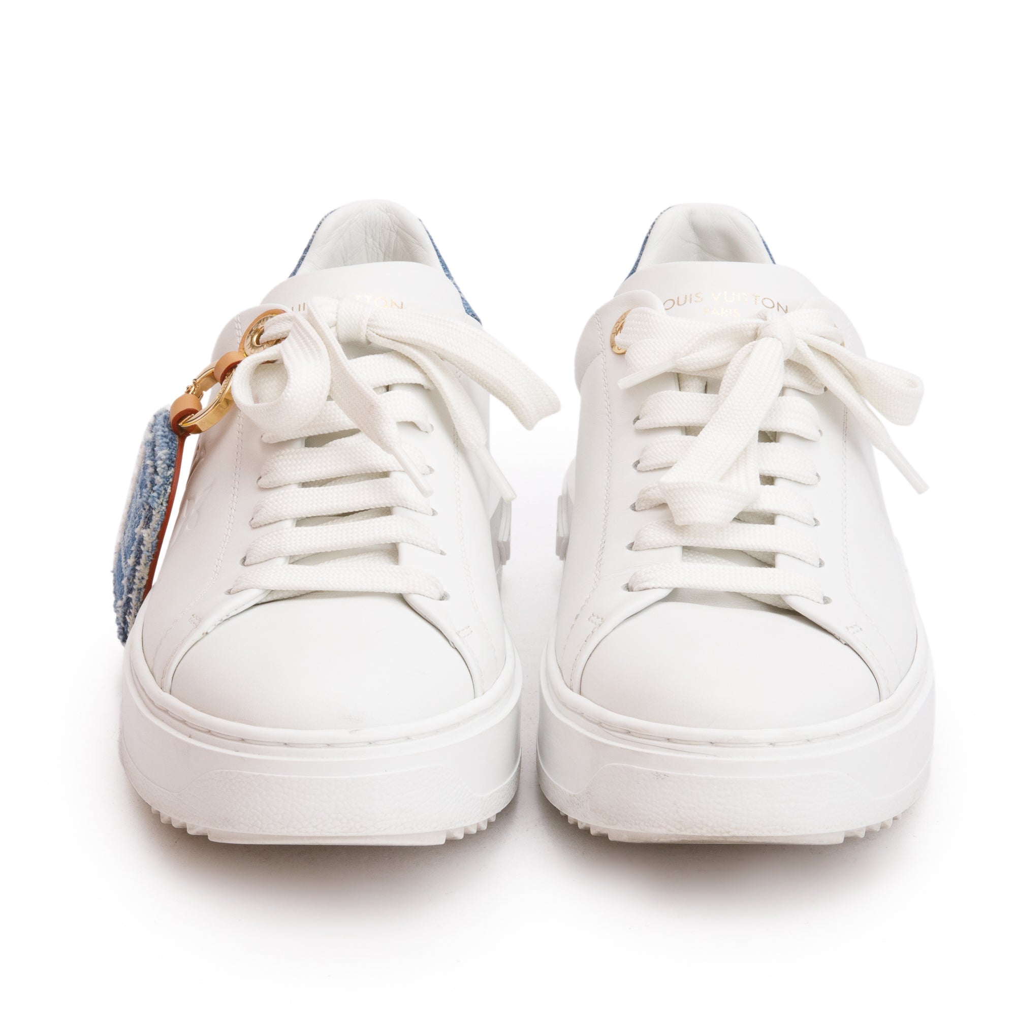 Louis Vuitton 2023 White Monogram Debosssed Leather Denim Trim Time Out Sneakers, Size 37 w/ Box