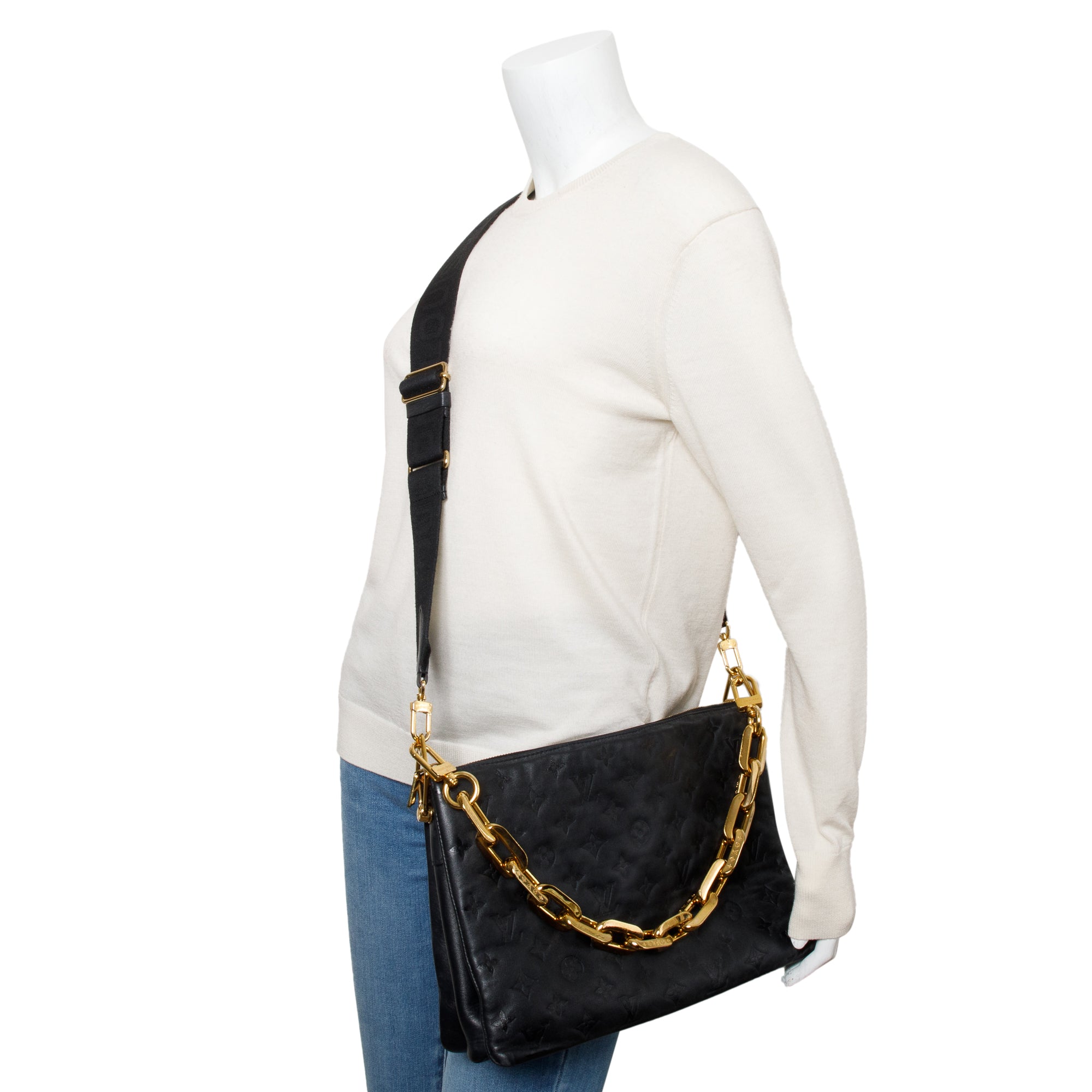 Louis Vuitton 2024 Black Monogram Embossed Lambskin Leather Coussin MM w/ Straps & Receipt