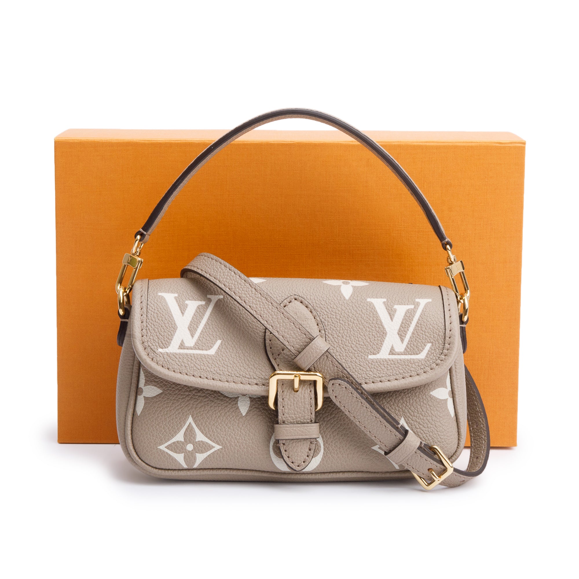 Louis Vuitton 2024 Torterelle Beige/Creme Bicolor Monogram Empreinte Leather Nano Diane w/ Straps, Box & Receipt