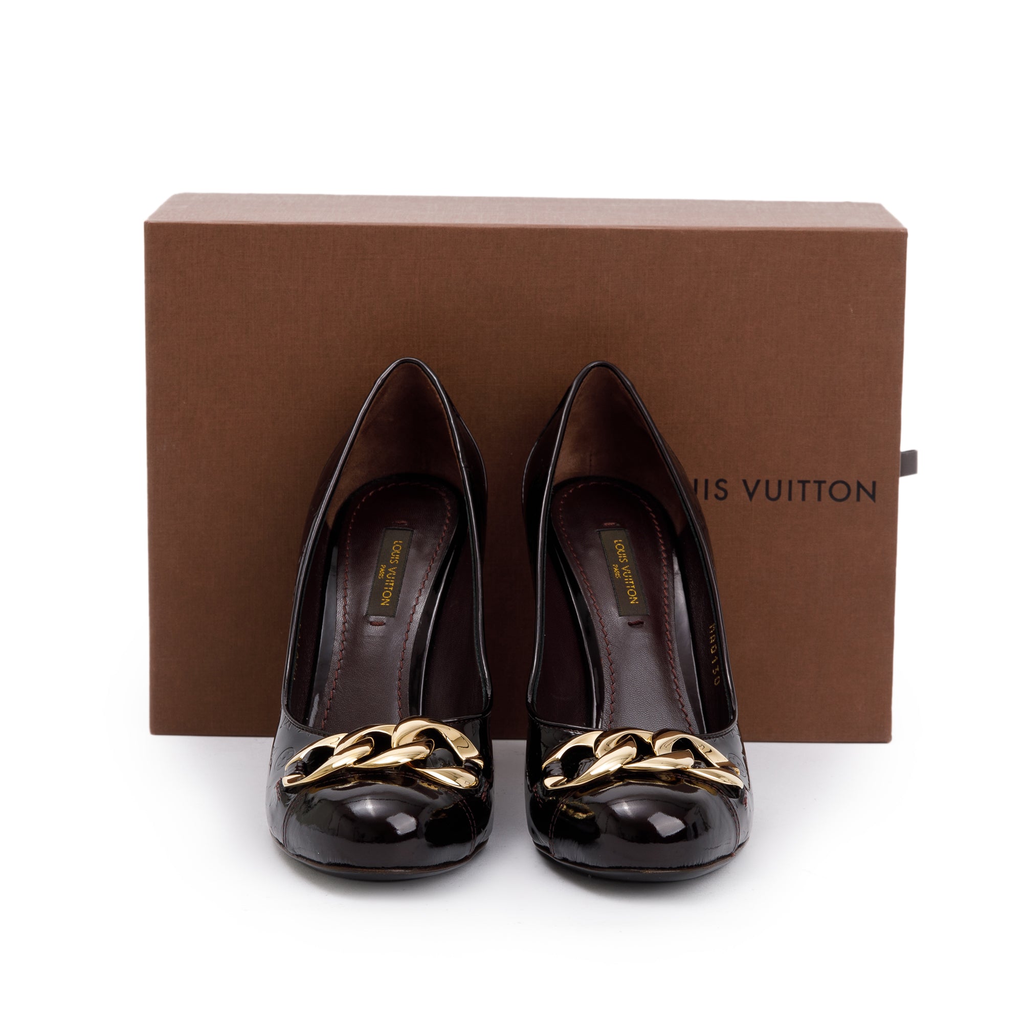 Louis Vuitton Amarante Monogram Vernis Leather Chain-Link Accents Pumps, Size 37.5 w/ Box