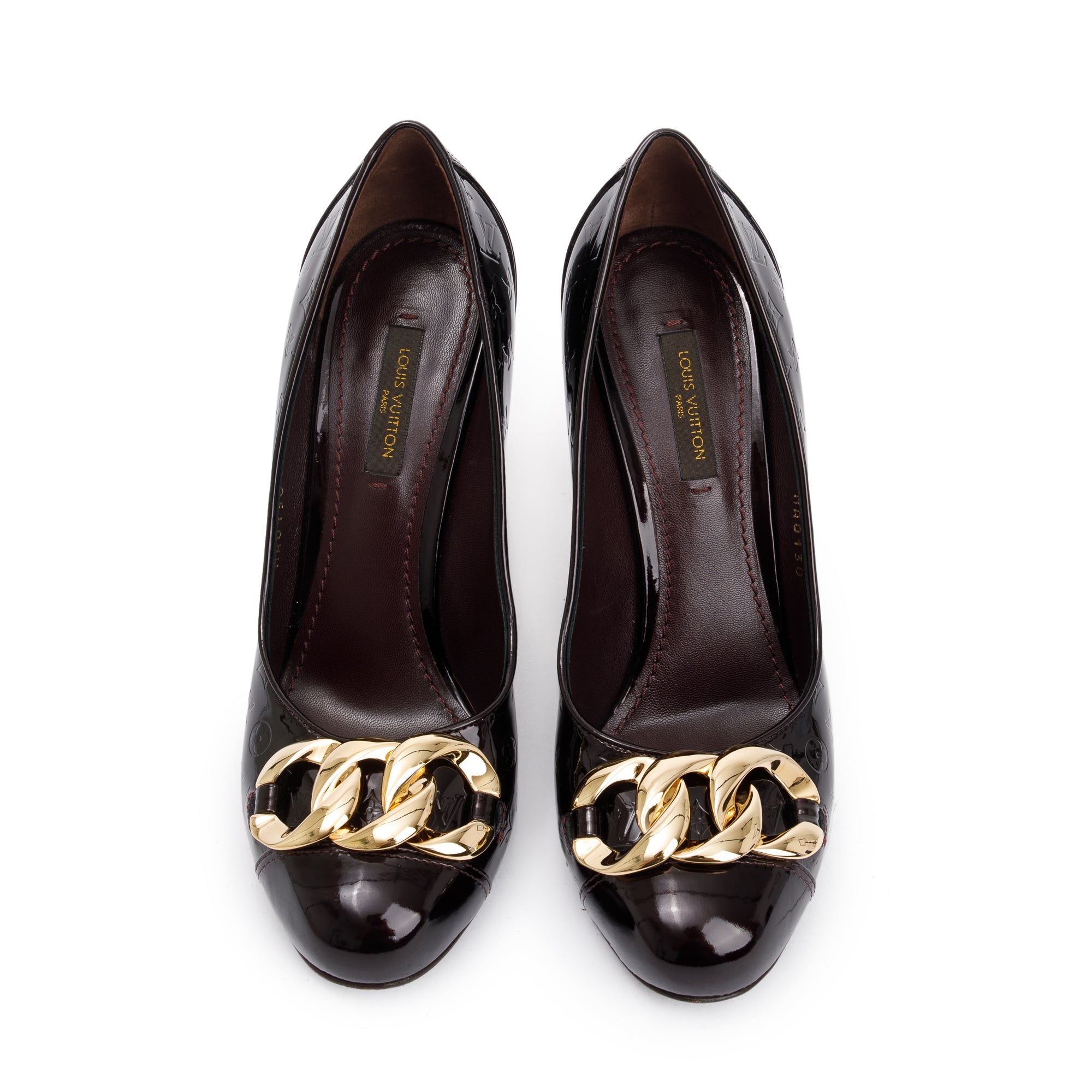 Louis Vuitton Amarante Monogram Vernis Leather Chain-Link Accents Pumps, Size 37.5 w/ Box