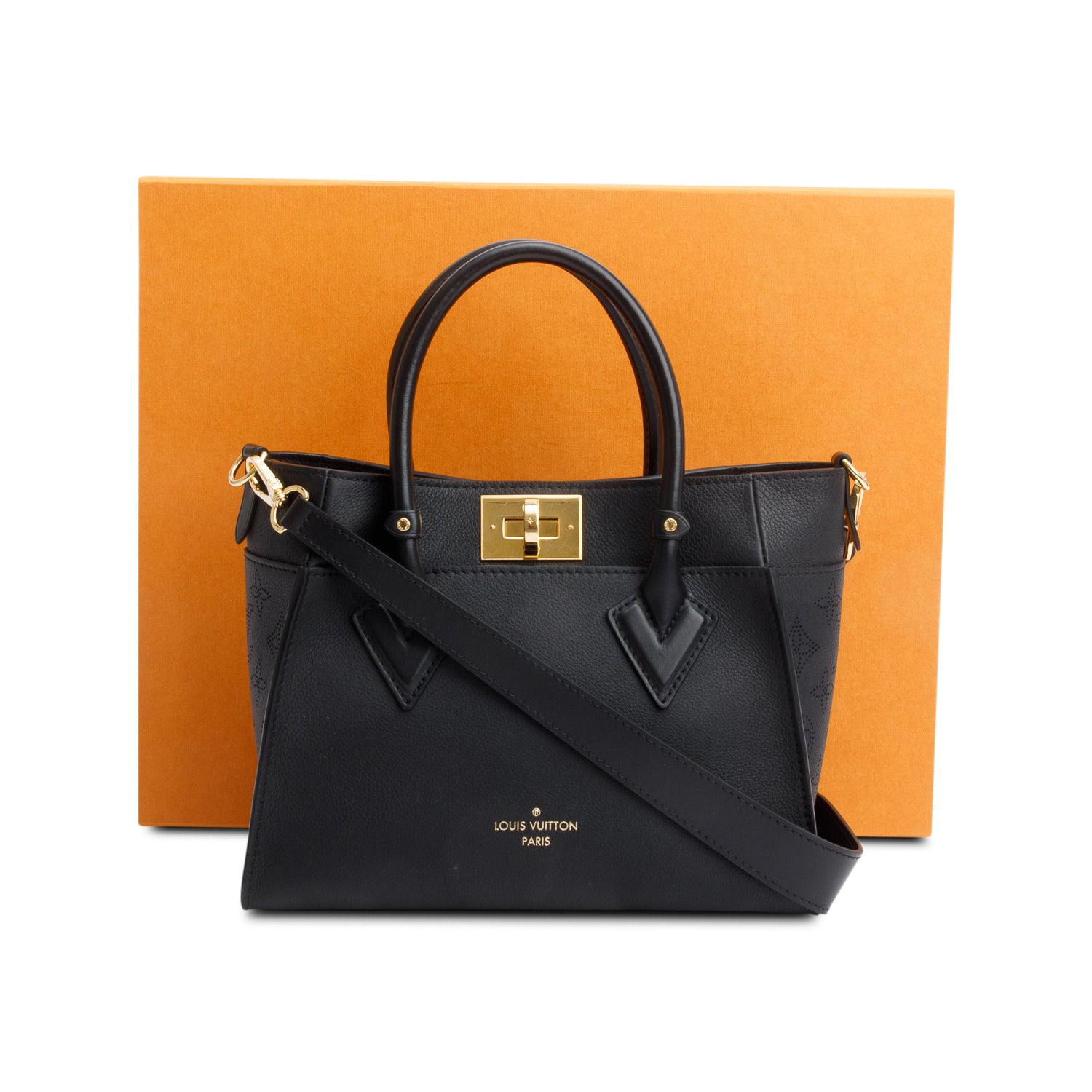 Louis Vuitton Black Calf Leather On My Side PM Tote w/ Strap & Box