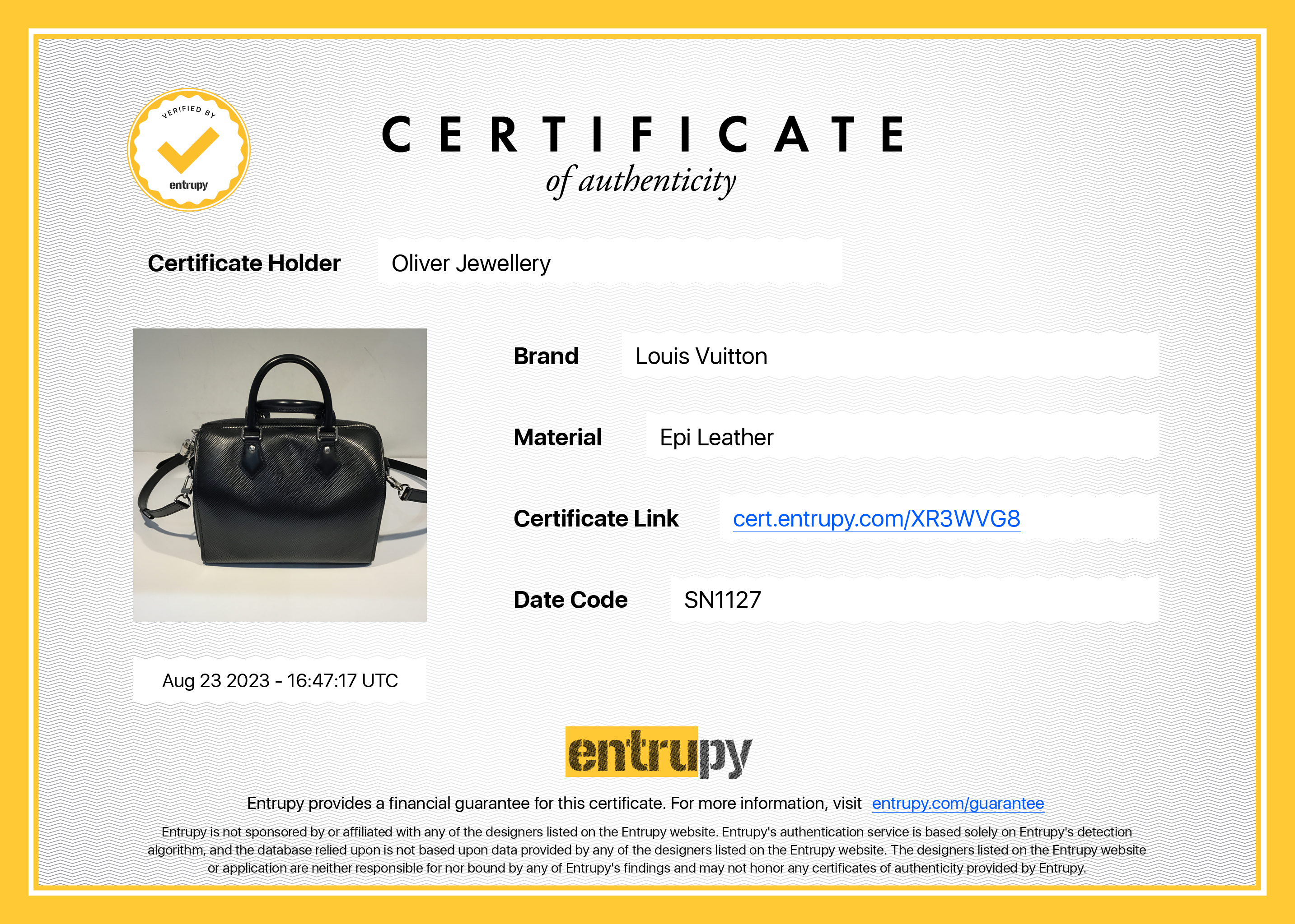 Louis Vuitton Black Epi Leather Speedy Bandouliere 25 w/ Strap & Receipt