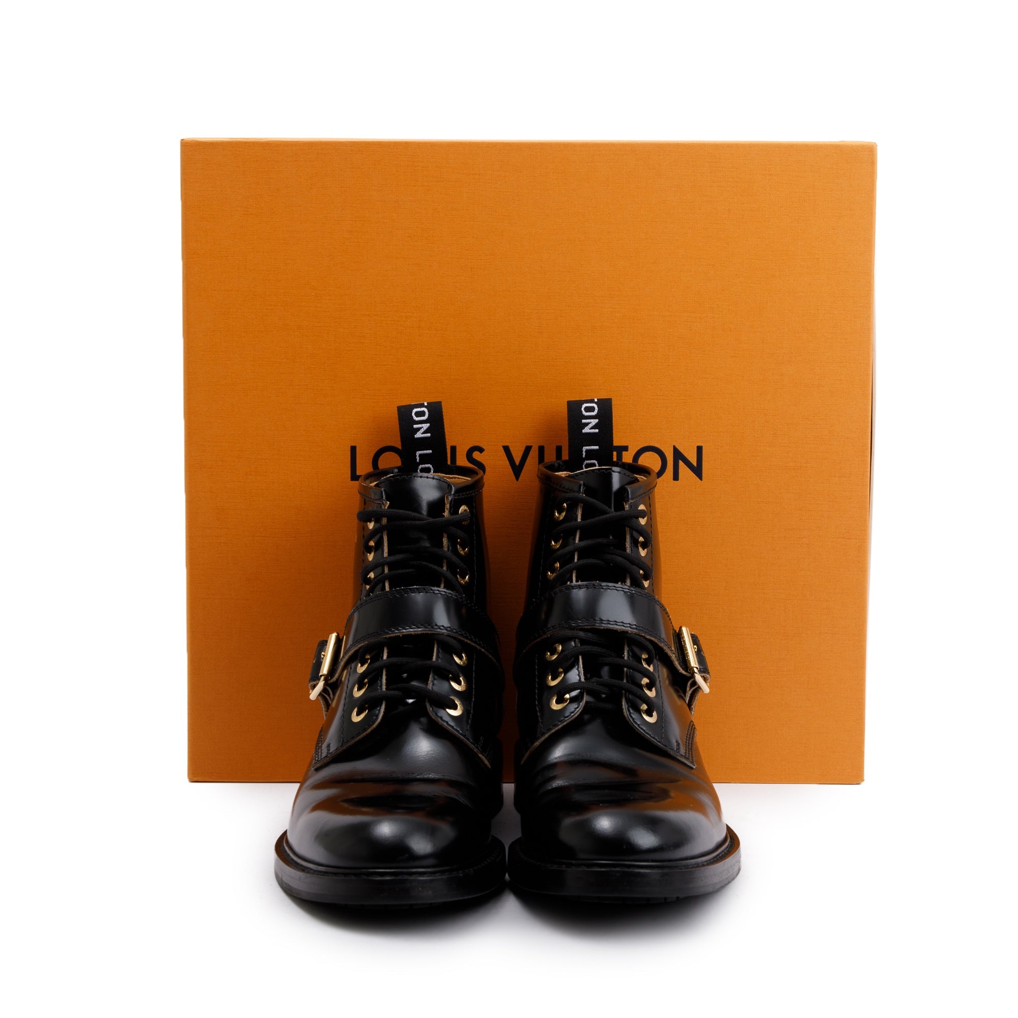 Louis Vuitton Black Leather Combat Boots, Size 8 w/ Box