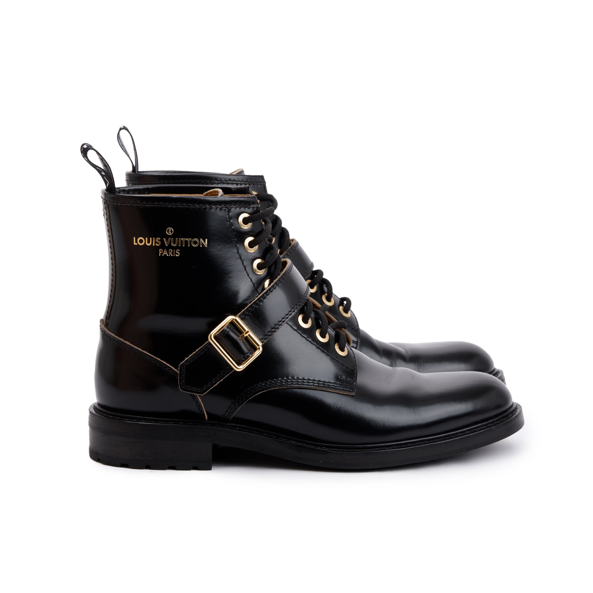 Louis Vuitton Black Leather Combat Boots, Size 8 w/ Box
