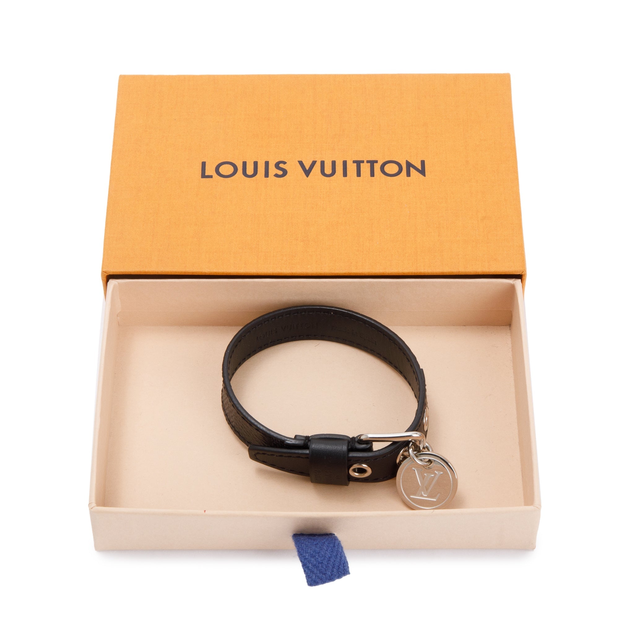 Louis Vuitton Black Leather Damier Graphite In Step Charm Bracelet w/ Box