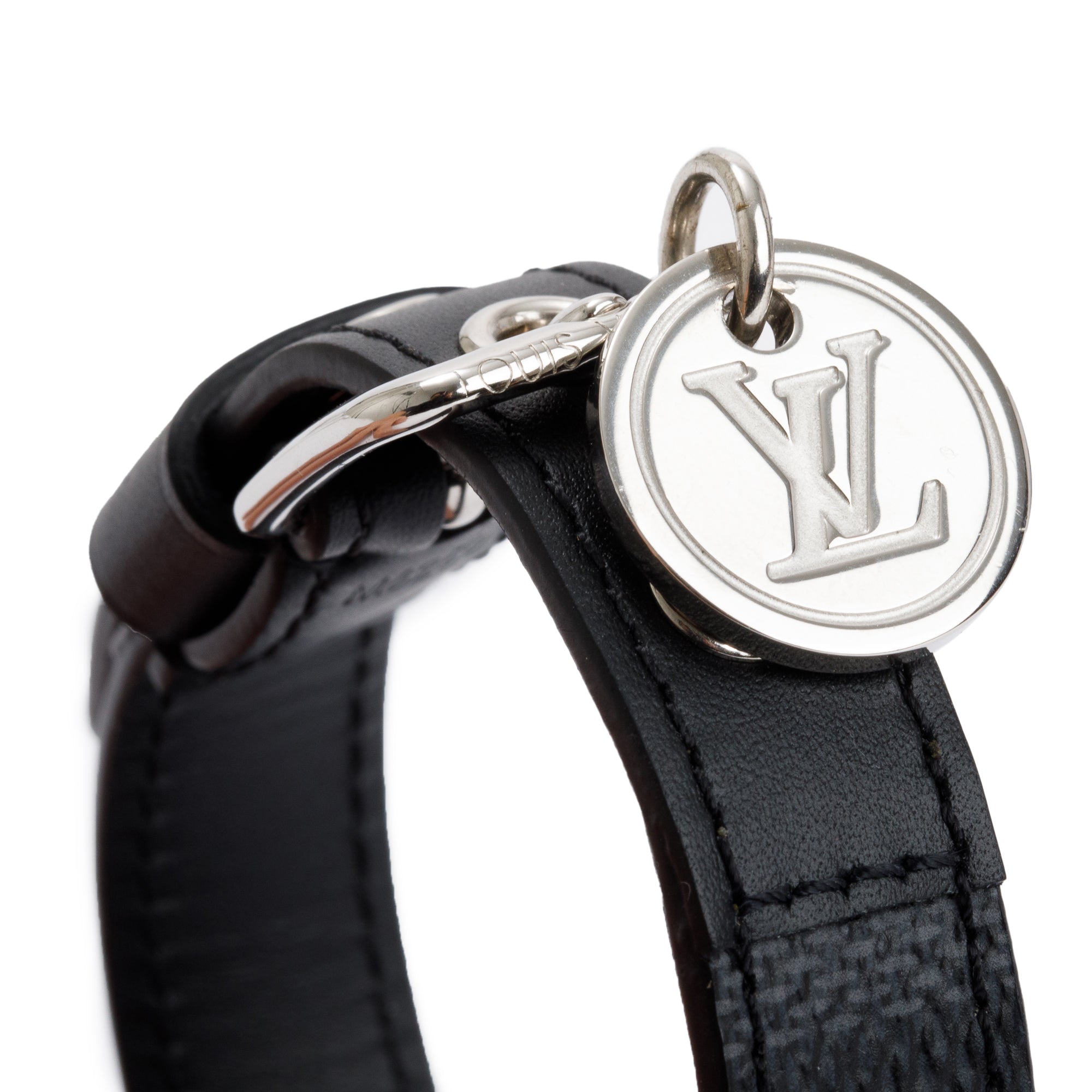 Louis Vuitton Black Leather Damier Graphite In Step Charm Bracelet w/ Box