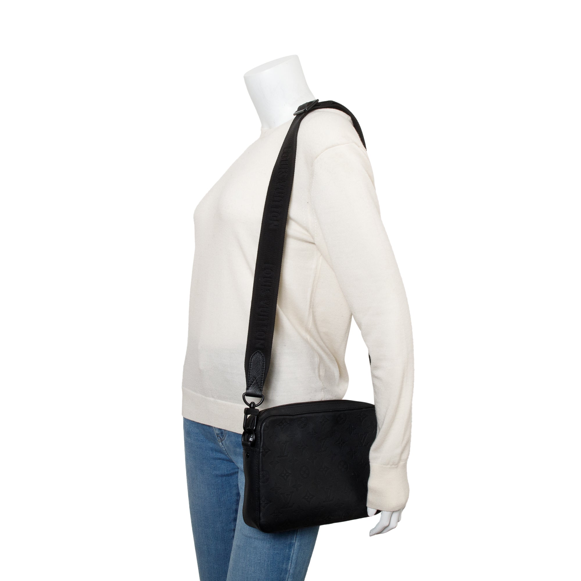 Louis Vuitton Black Monogram Shadow Embossed Calfskin Leather Messenger Bag w/ Box