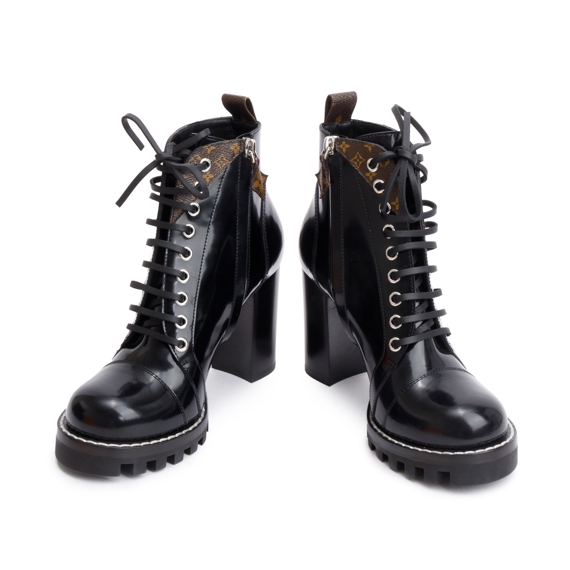 Louis Vuitton Black Patent Leather Monogram Trim Star Trail Combat Boots, Size 7.5 w/ Box & Receipt