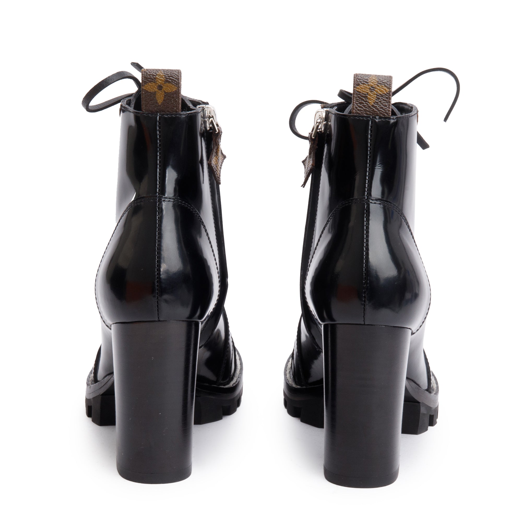 Louis Vuitton Black Patent Leather Monogram Trim Star Trail Combat Boots, Size 7.5 w/ Box & Receipt