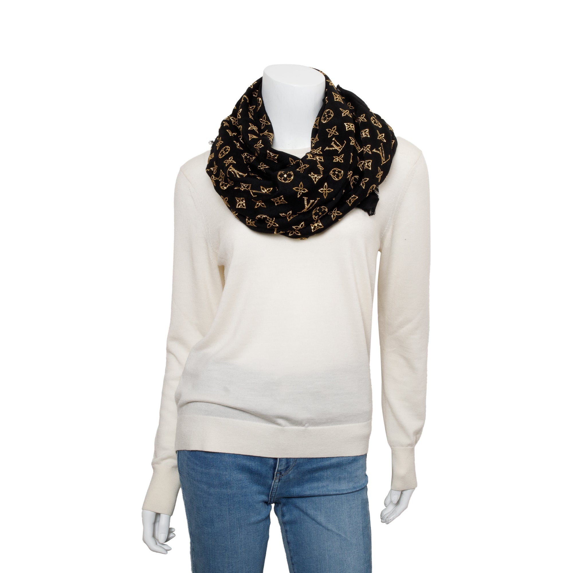 Louis Vuitton Black Silk/Wool Studded More Monogram Shawl Scarf w/ Box