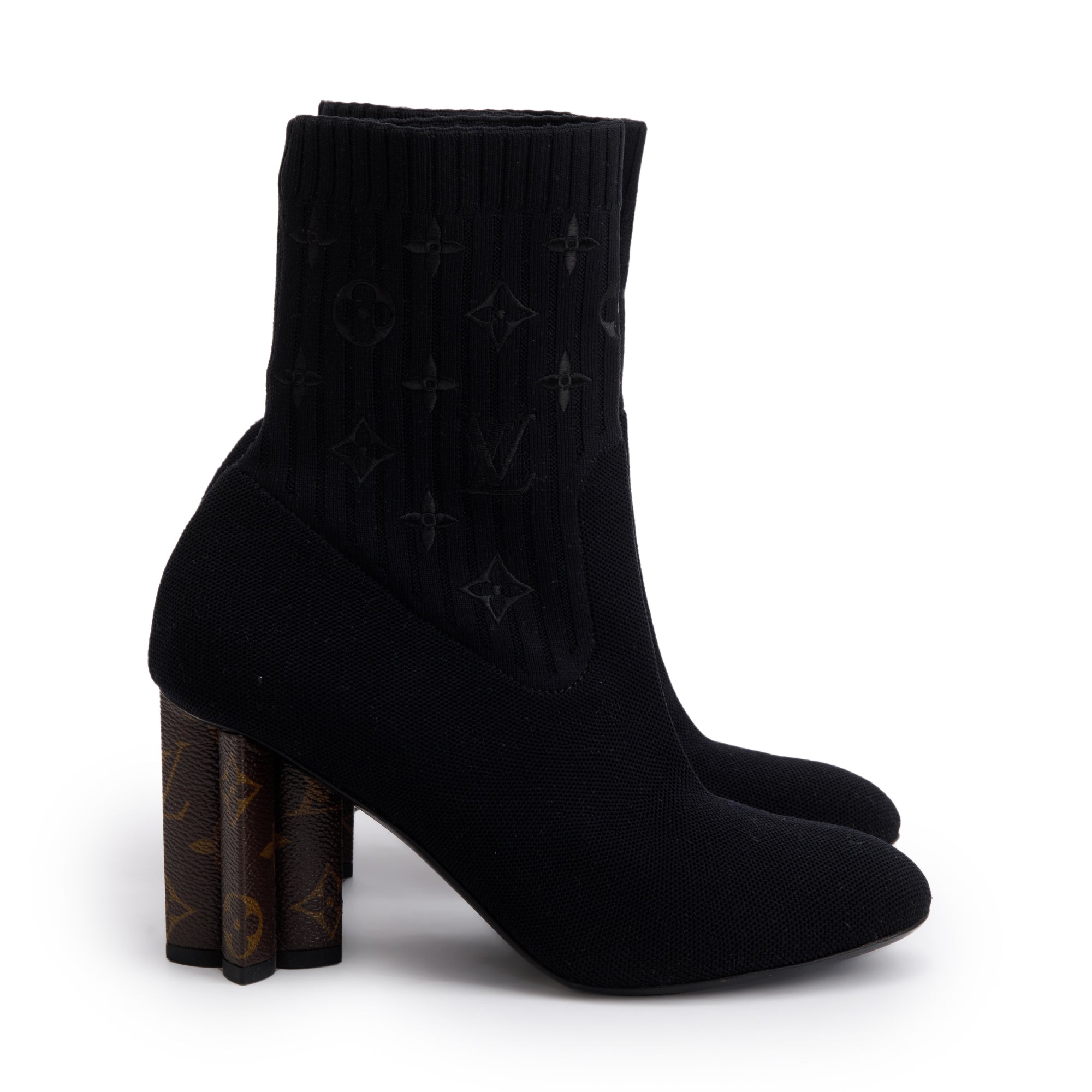 Louis Vuitton Black Stretch Textile and Monogram Silhouette Ankle Boots, Size 38.5