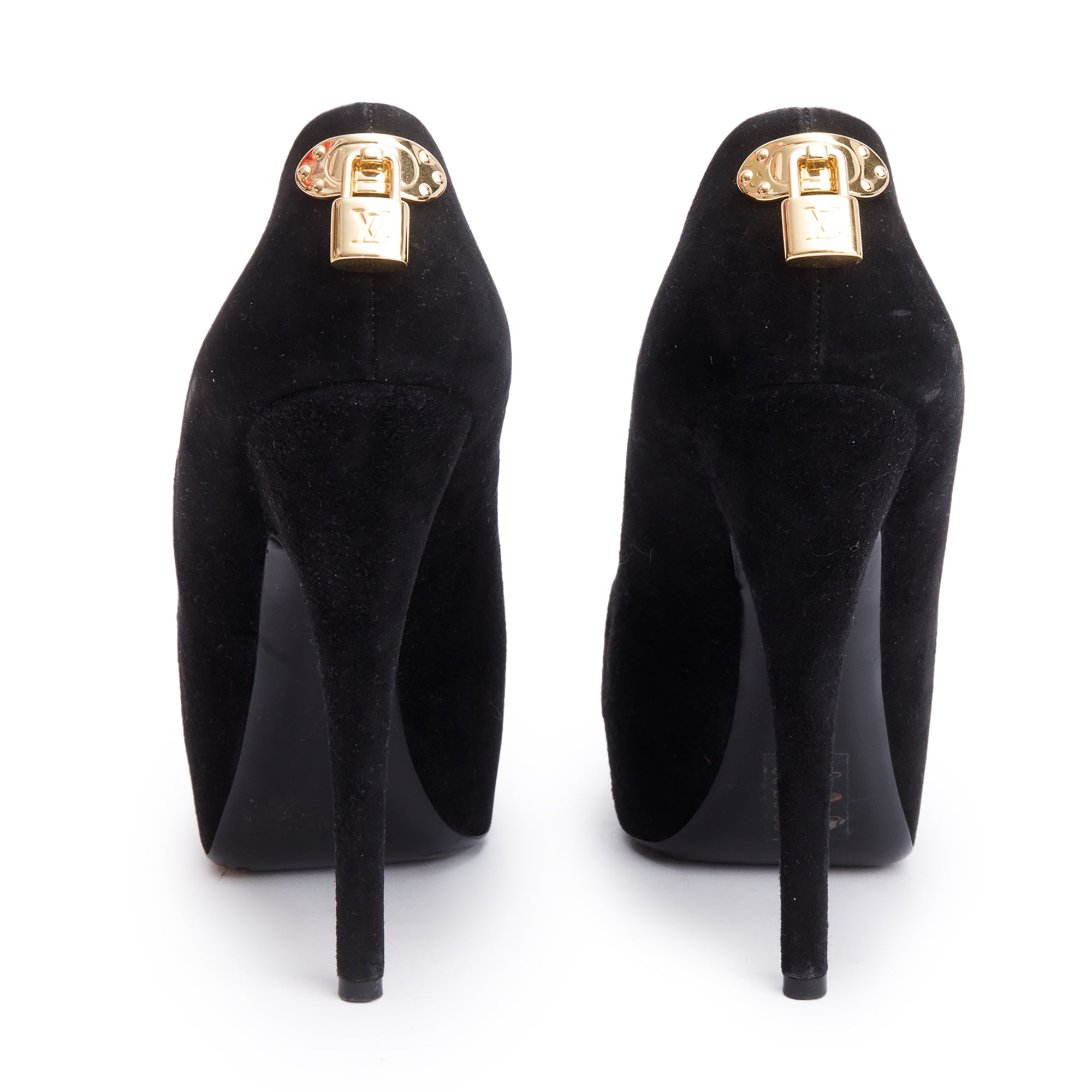 Louis Vuitton Black Suede Gold Heel Oh Really Peep Toe Pumps, Size 40