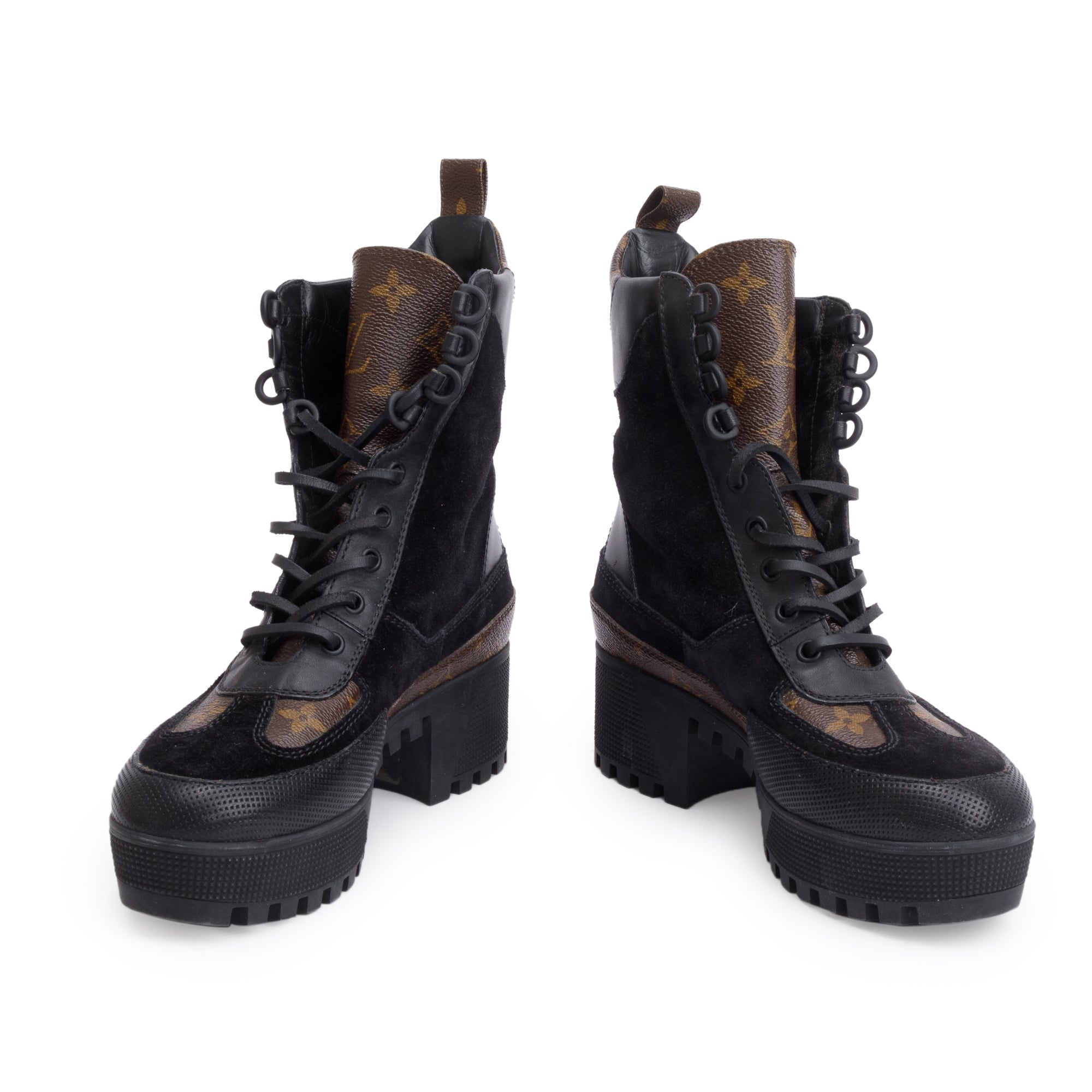 Louis Vuitton Black Suede Monogram Trim Laureate Platform Desert Boots, Size 38