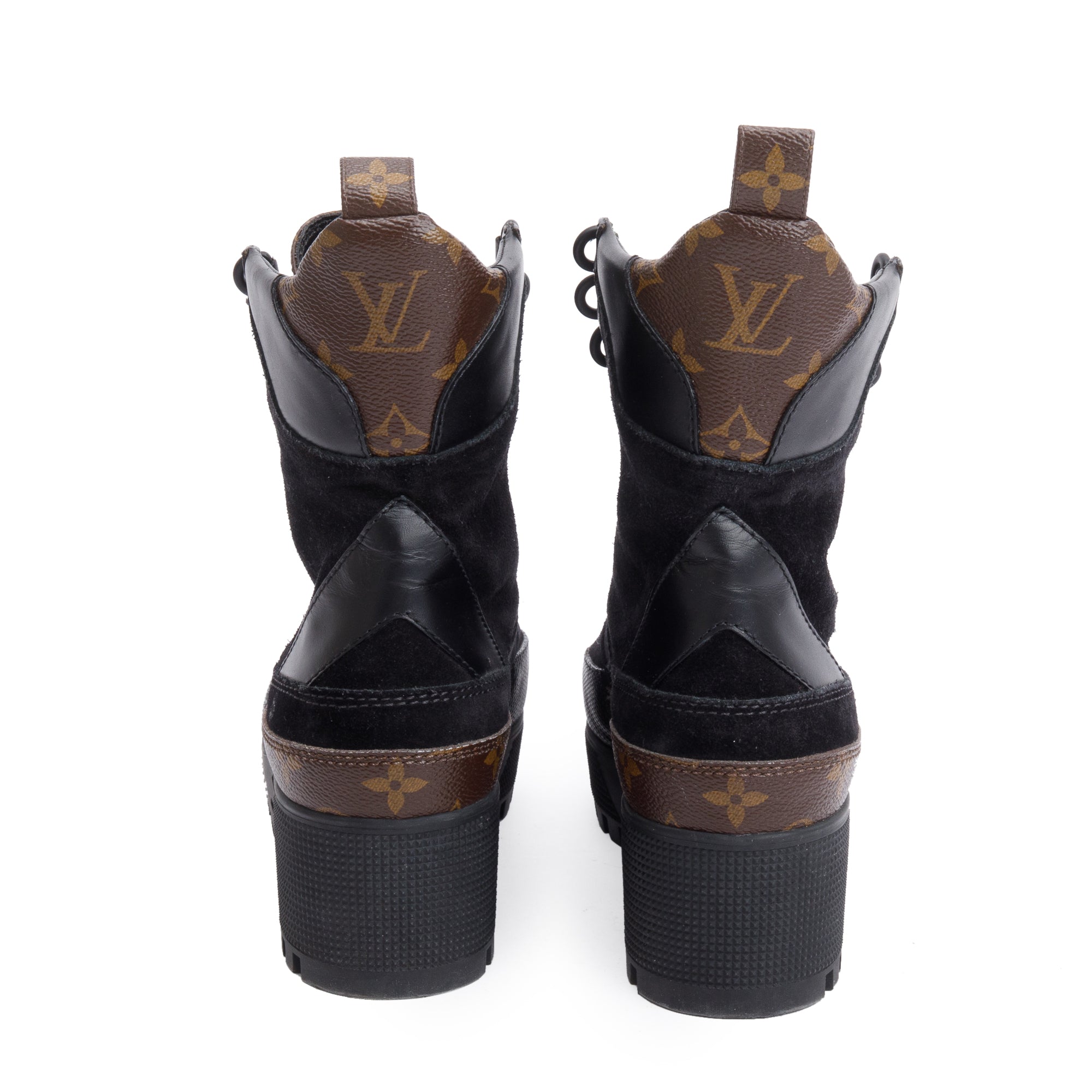 Louis Vuitton Black Suede Monogram Trim Laureate Platform Desert Boots, Size 38