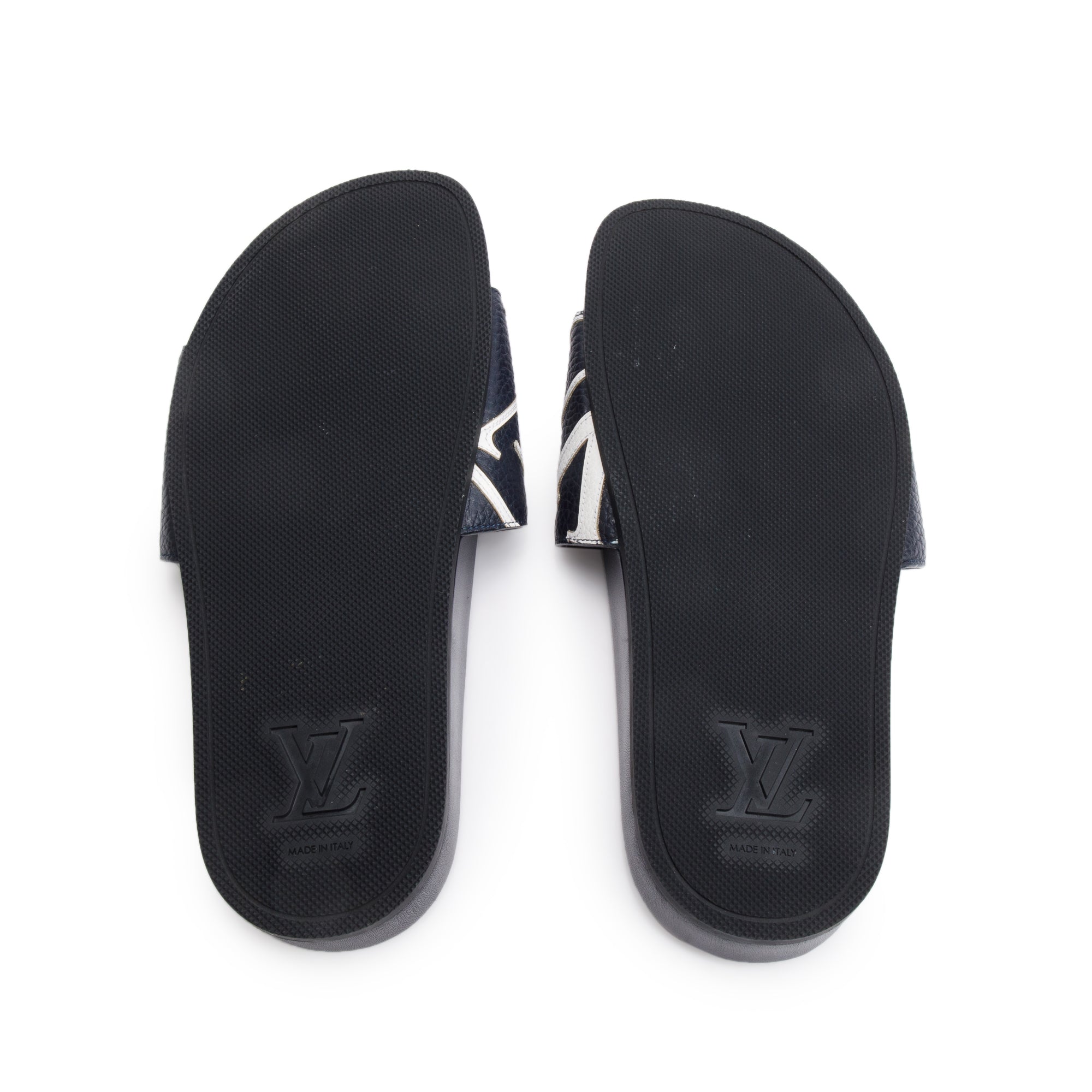 Louis Vuitton Blue Leathr Rubber Mirabeau Slides, Size 5 w/ Box