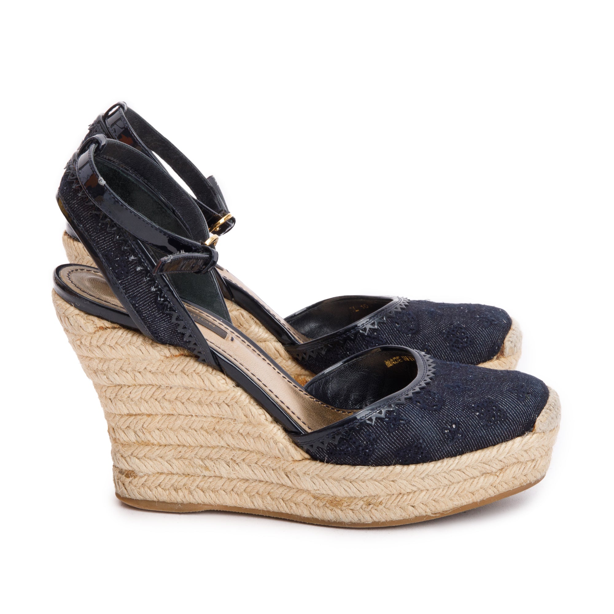 Louis Vuitton Blue Monogram Denim Wedge Espadrille Sandals, Size 36