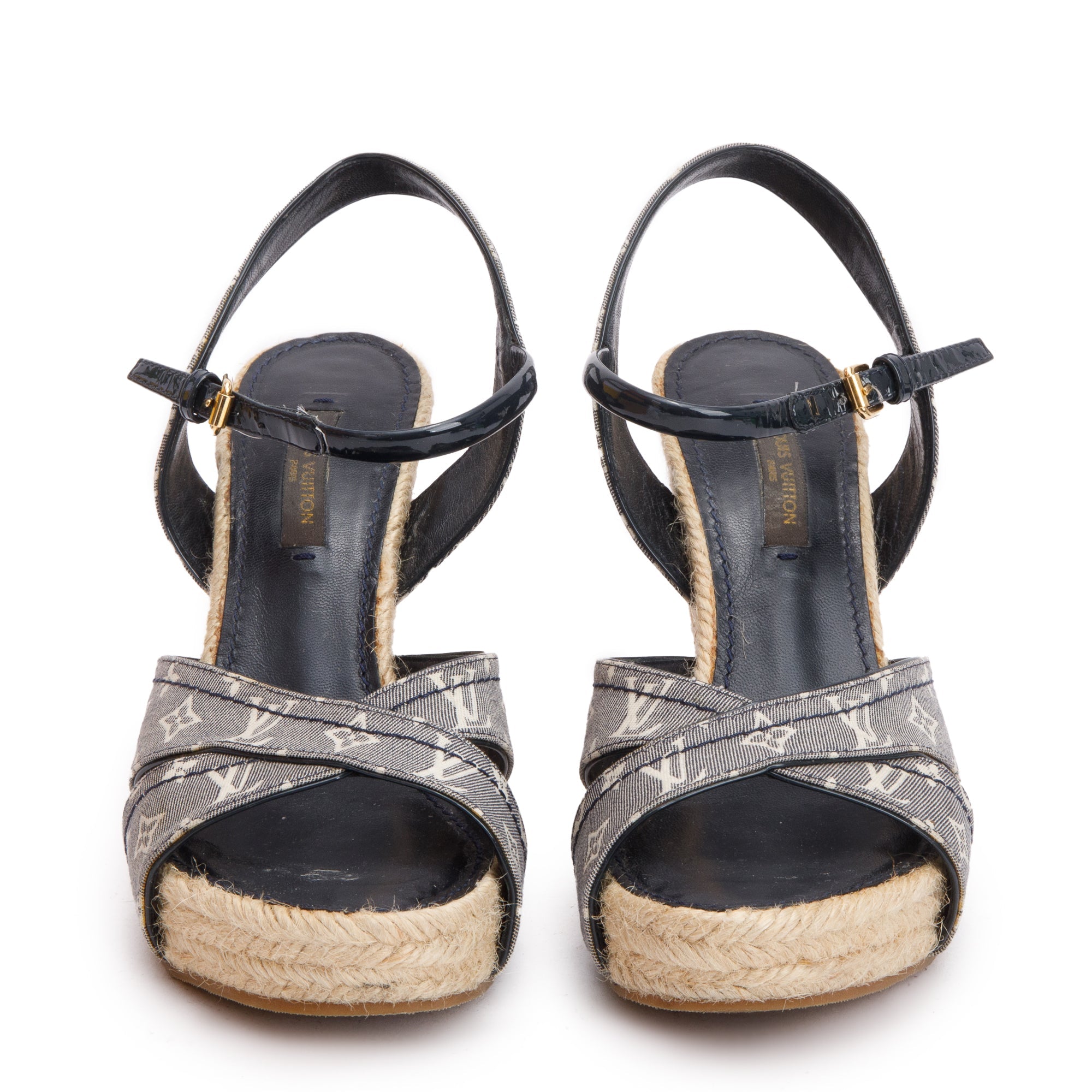 Louis Vuitton Blue Monogram Denim Wedge Espadrille Sandals, Size 36