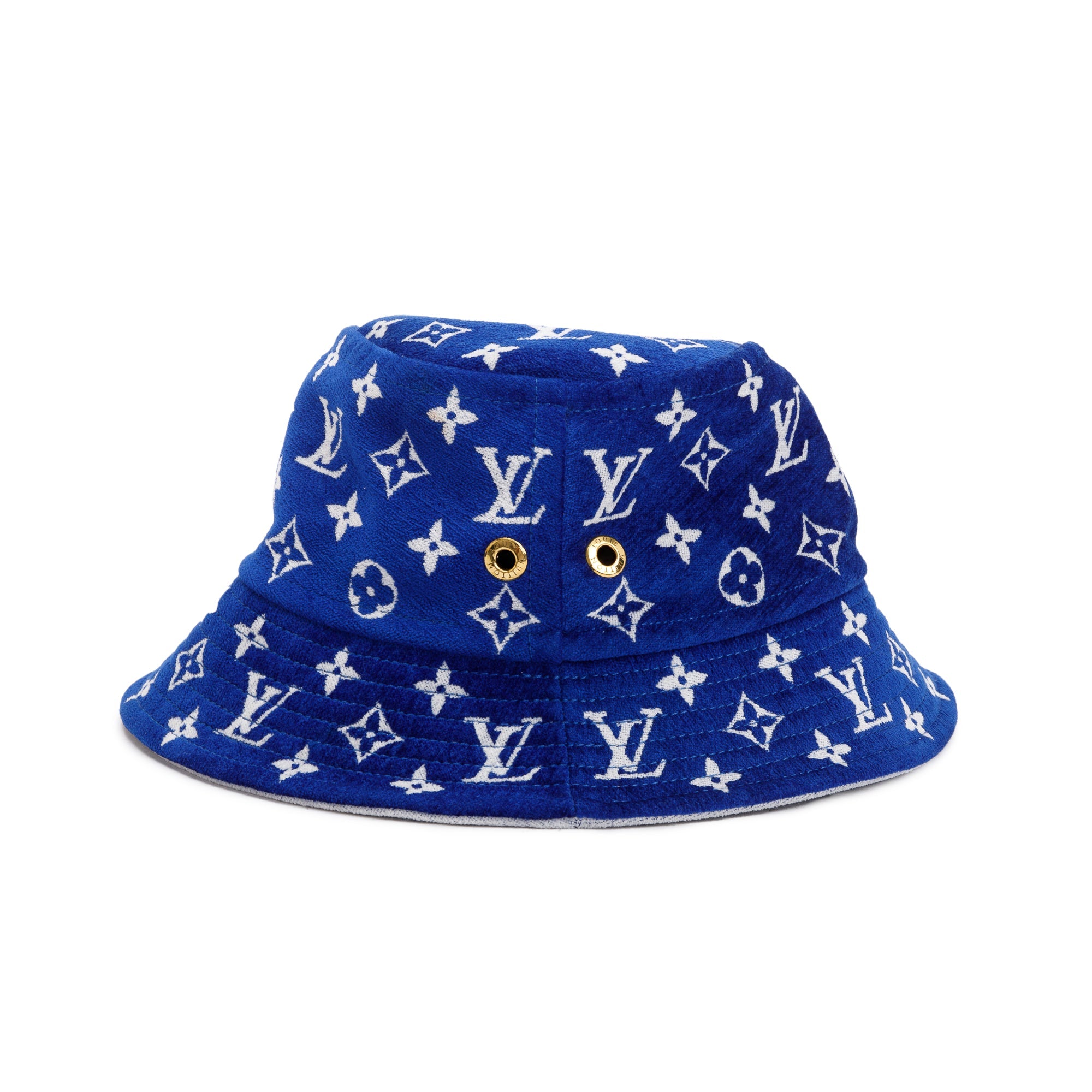 Louis Vuitton Blue & White Jacquard Velvet Monogram Match Reversible Bucket Hat, Size M