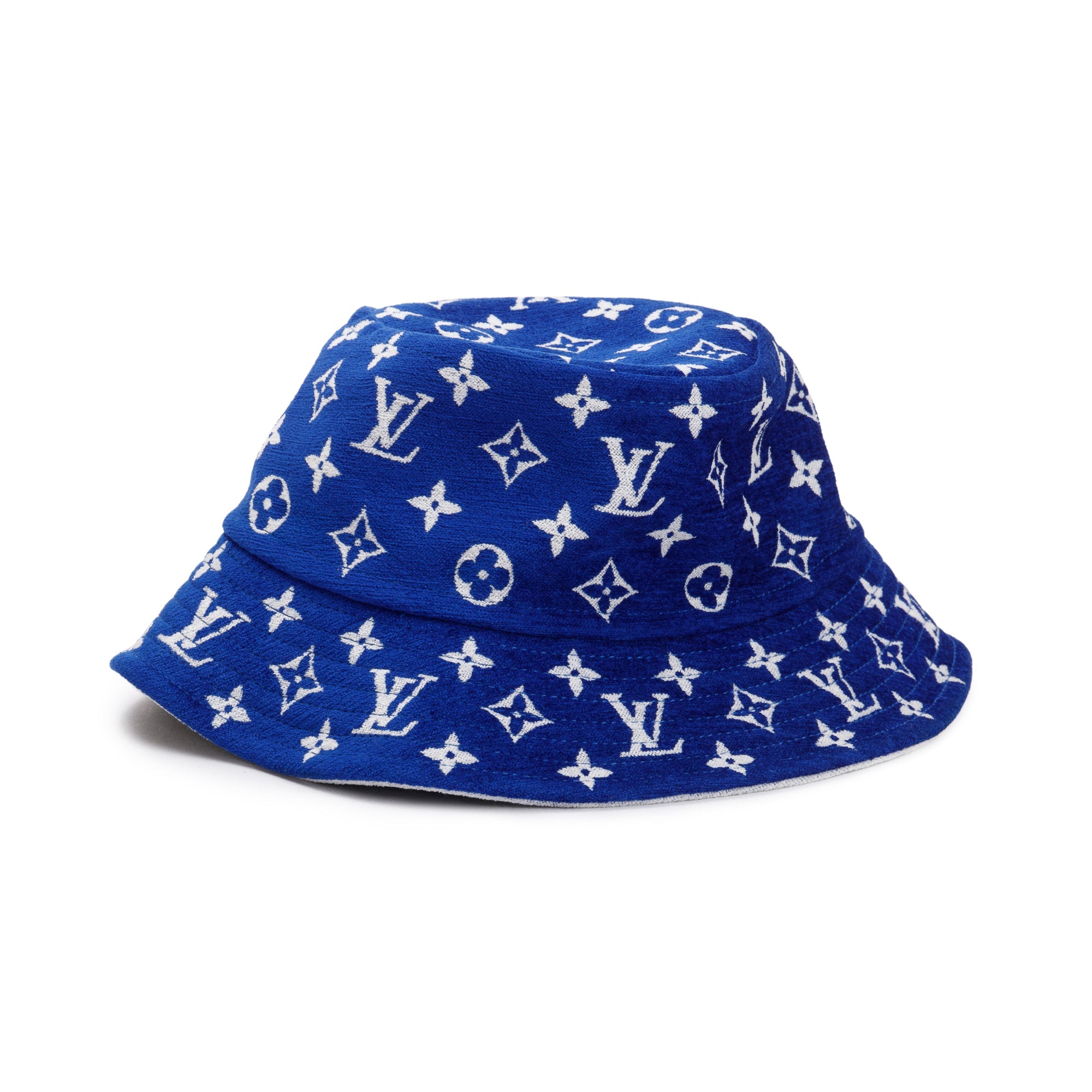 Louis Vuitton Blue & White Jacquard Velvet Monogram Match Reversible Bucket Hat, Size M
