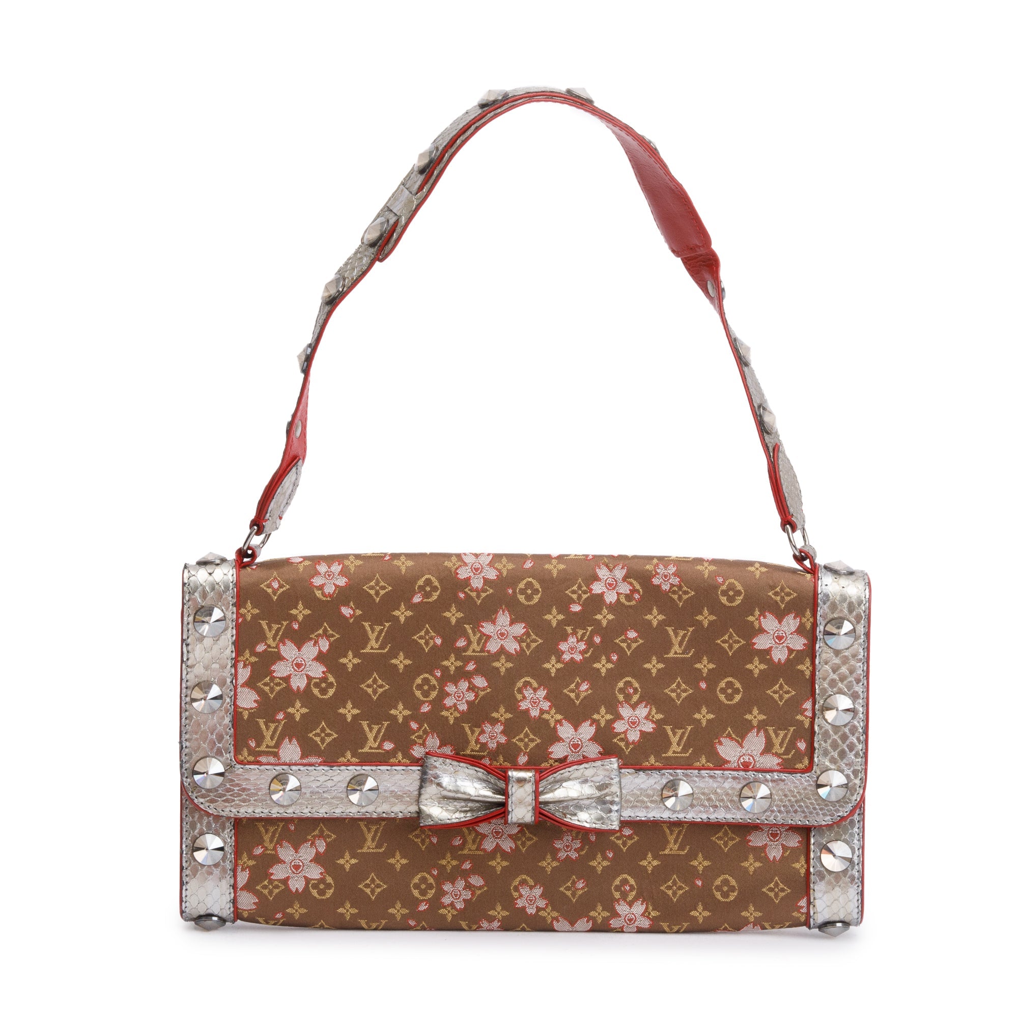 Louis Vuitton Brown Monogram Cherry Blossom Satin Silver Python Trim Crystal Amarene Shoulder Bag