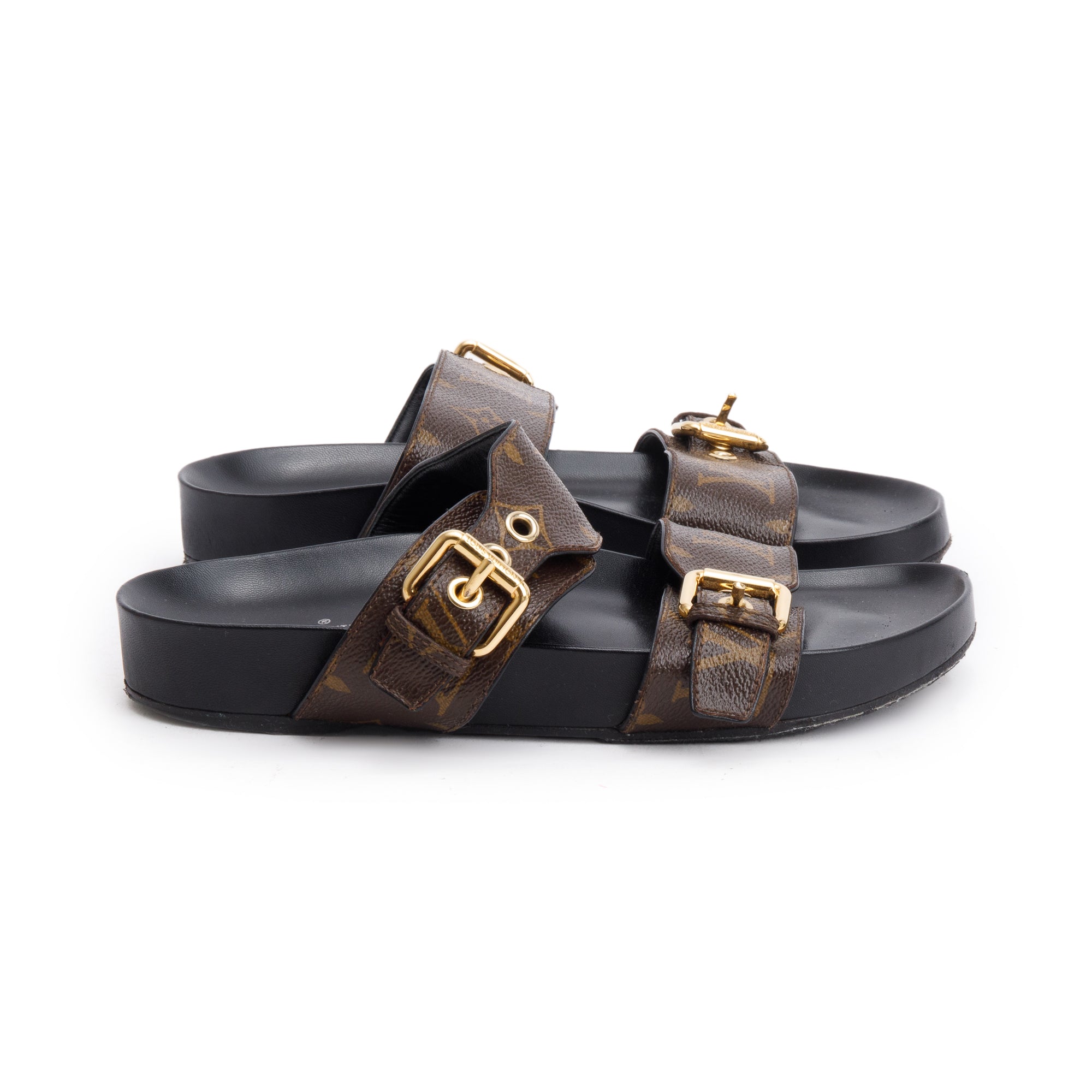 Louis Vuitton Brown Monogram Macassar Bom Dia Mule Slides, Size 36