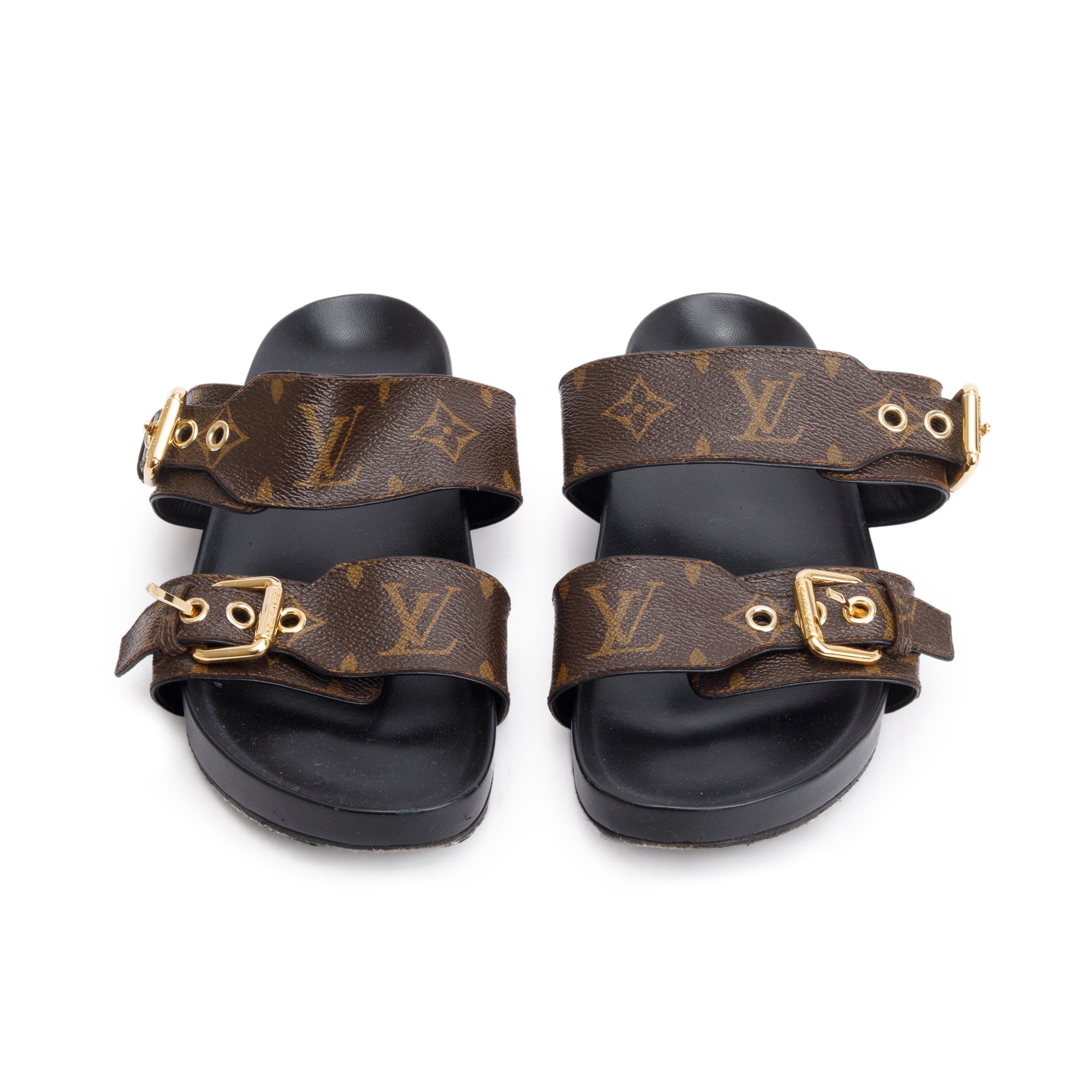 Louis Vuitton Brown Monogram Macassar Bom Dia Mule Slides, Size 36