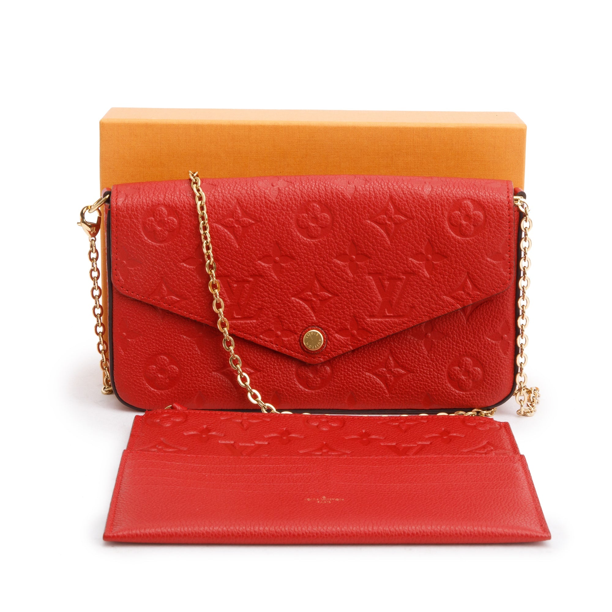 Louis Vuitton Cherry Red Monogram Empreinte Leather Felicie Pochette Chain Wallet w/ Box & Inserts