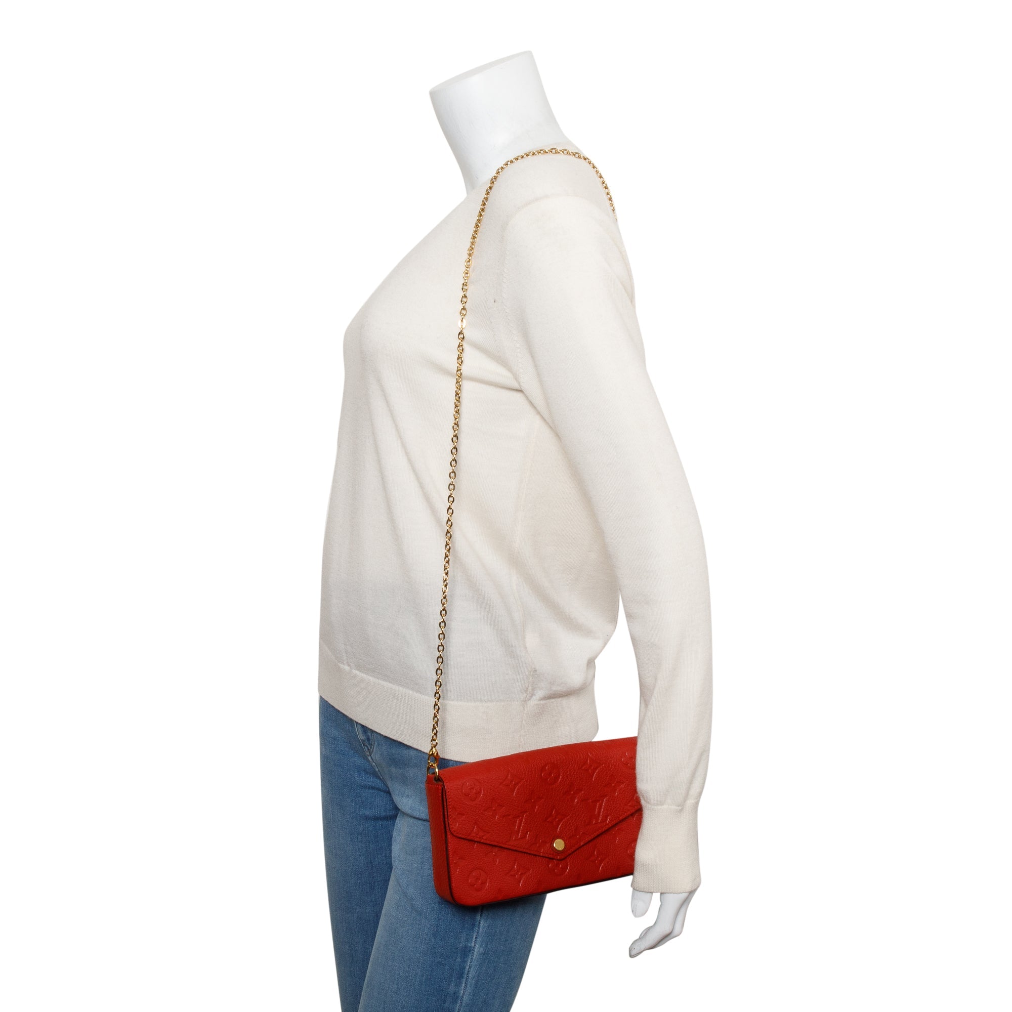 Louis Vuitton Cherry Red Monogram Empreinte Leather Felicie Pochette Chain Wallet w/ Box & Inserts