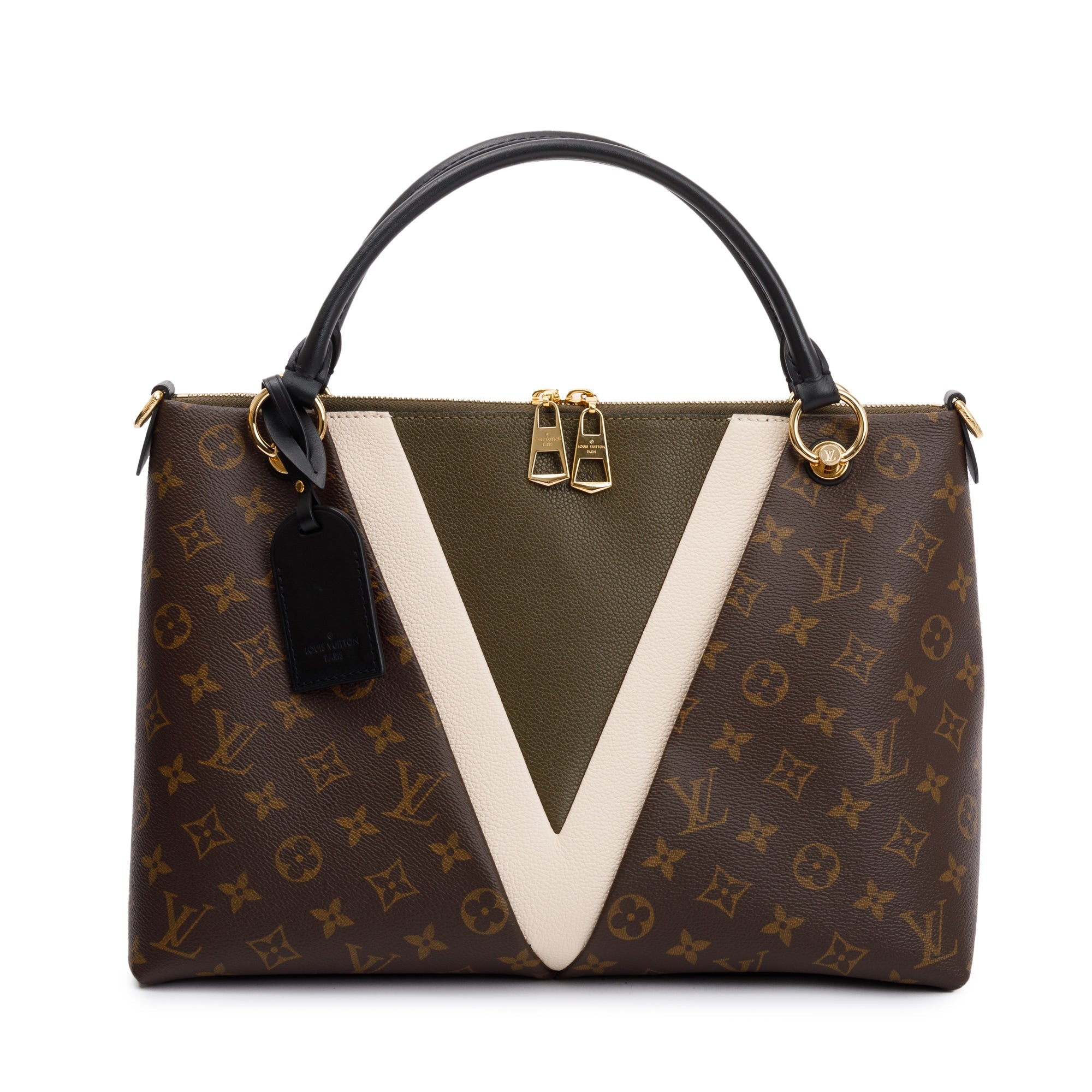 Louis Vuitton Creme & Khaki Leather Monogram V Tote MM w/ Strap