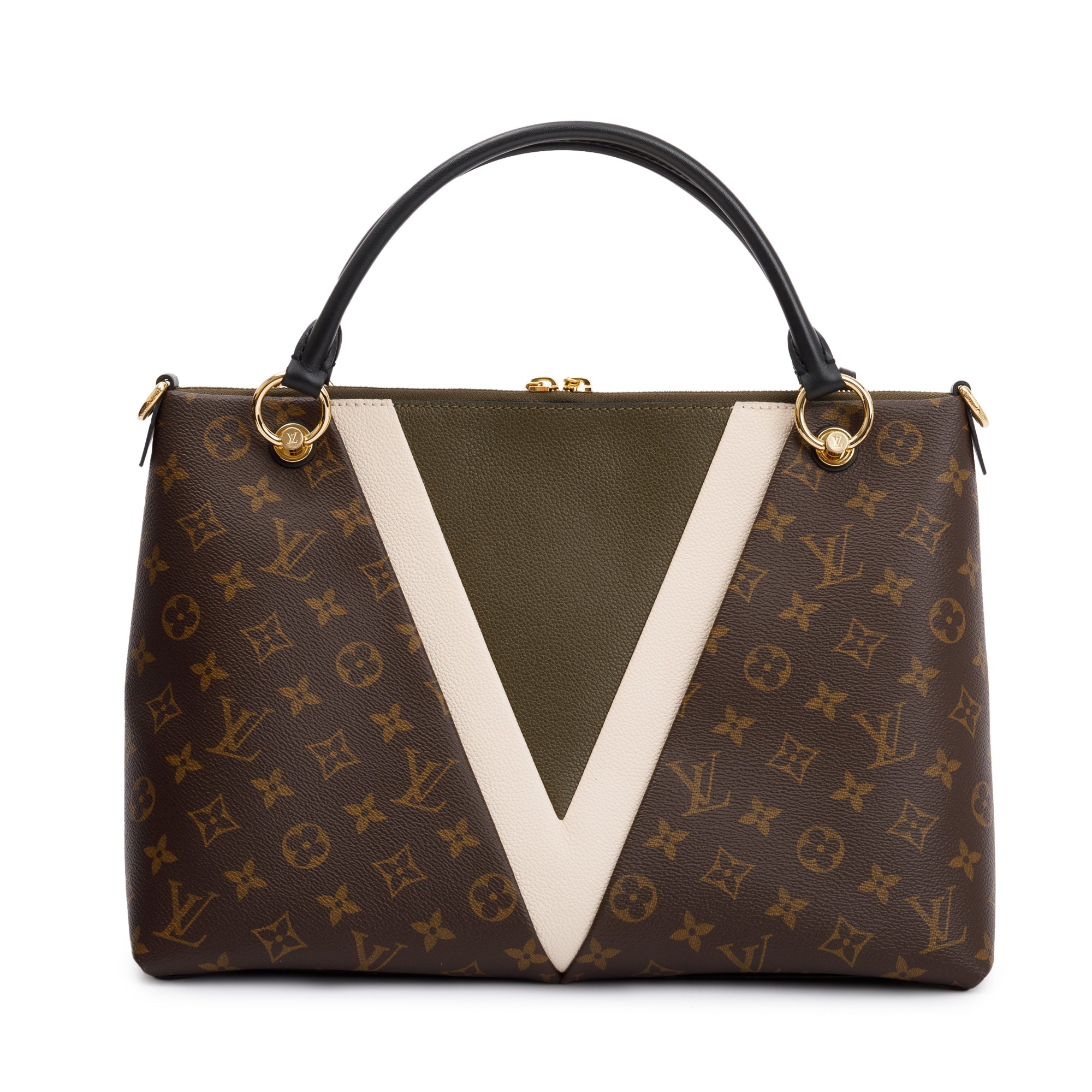 Louis Vuitton Creme & Khaki Leather Monogram V Tote MM w/ Strap