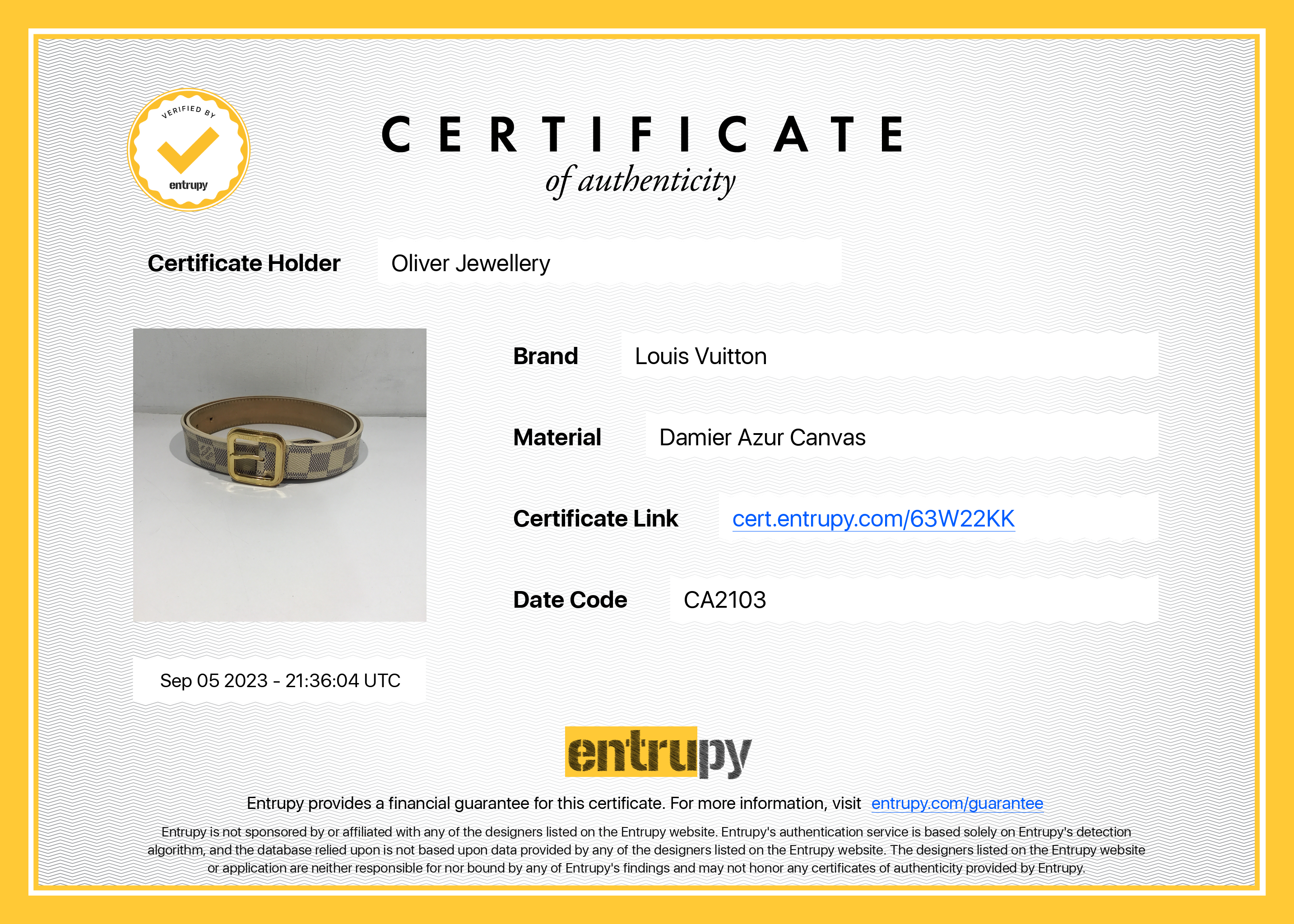 Louis Vuitton Damier Azur Tresor 30MM Belt, Size 85 34 w/ Box