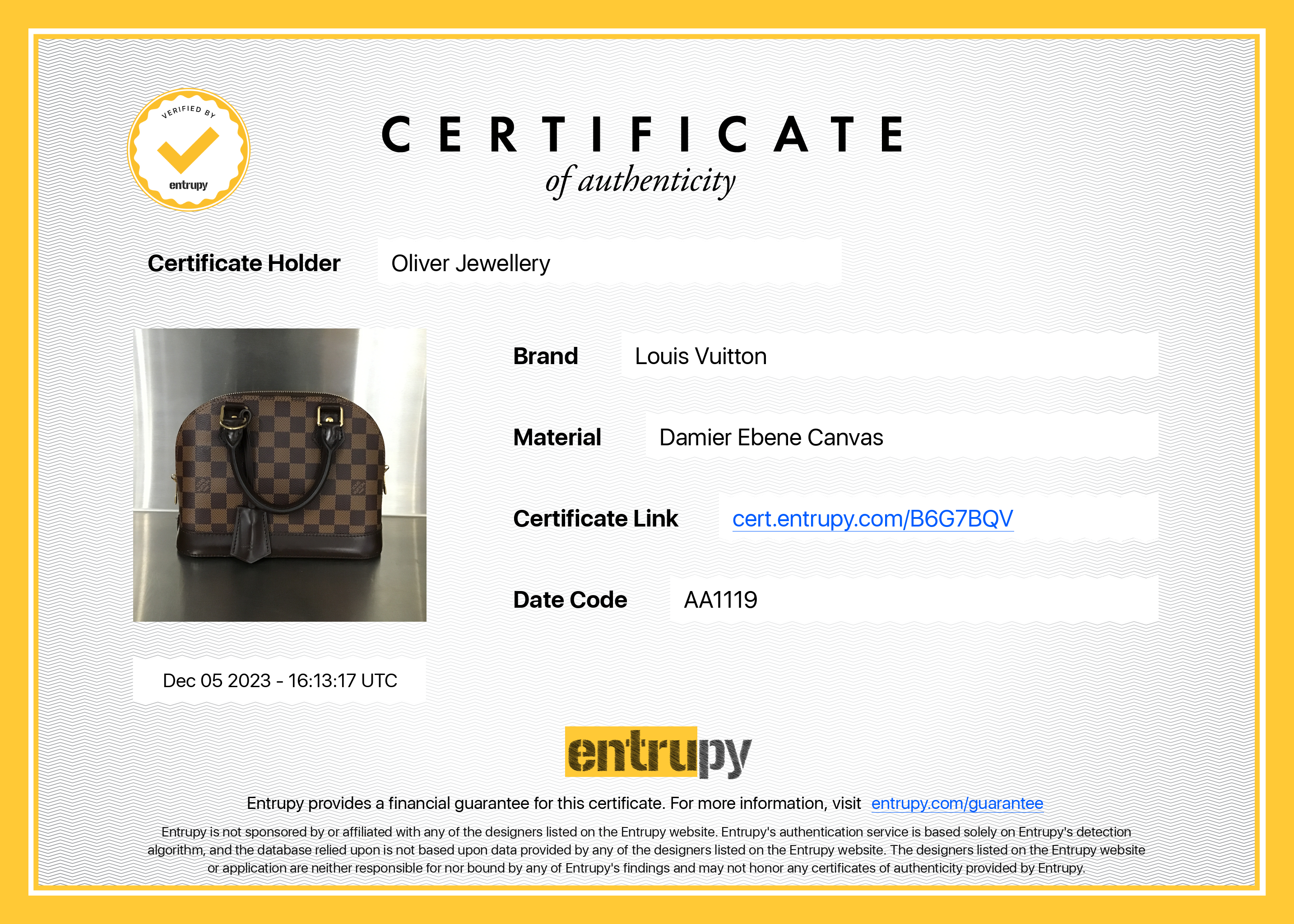 Louis Vuitton Damier Ebene Alma BB w/ Strap