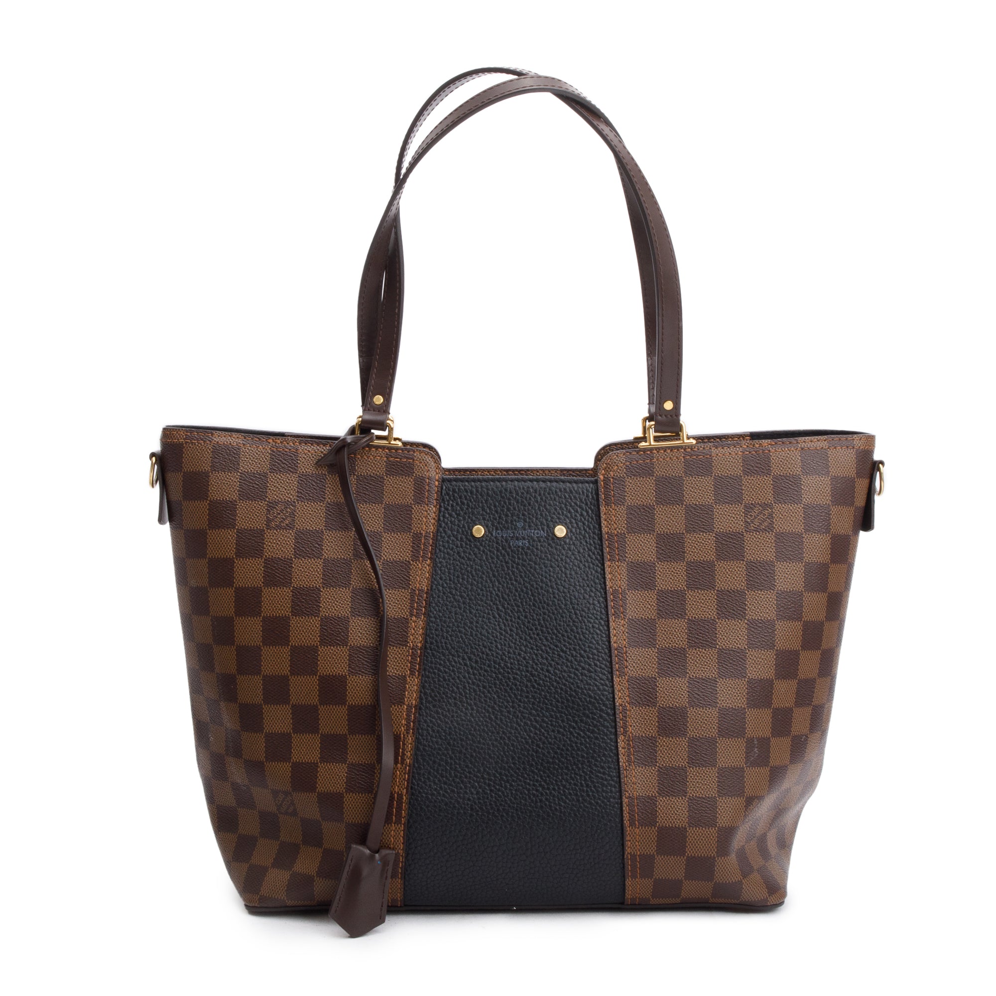 Louis Vuitton Damier Ebene Black Taurillon Leather Trim Jersey Tote w/ Strap & Box