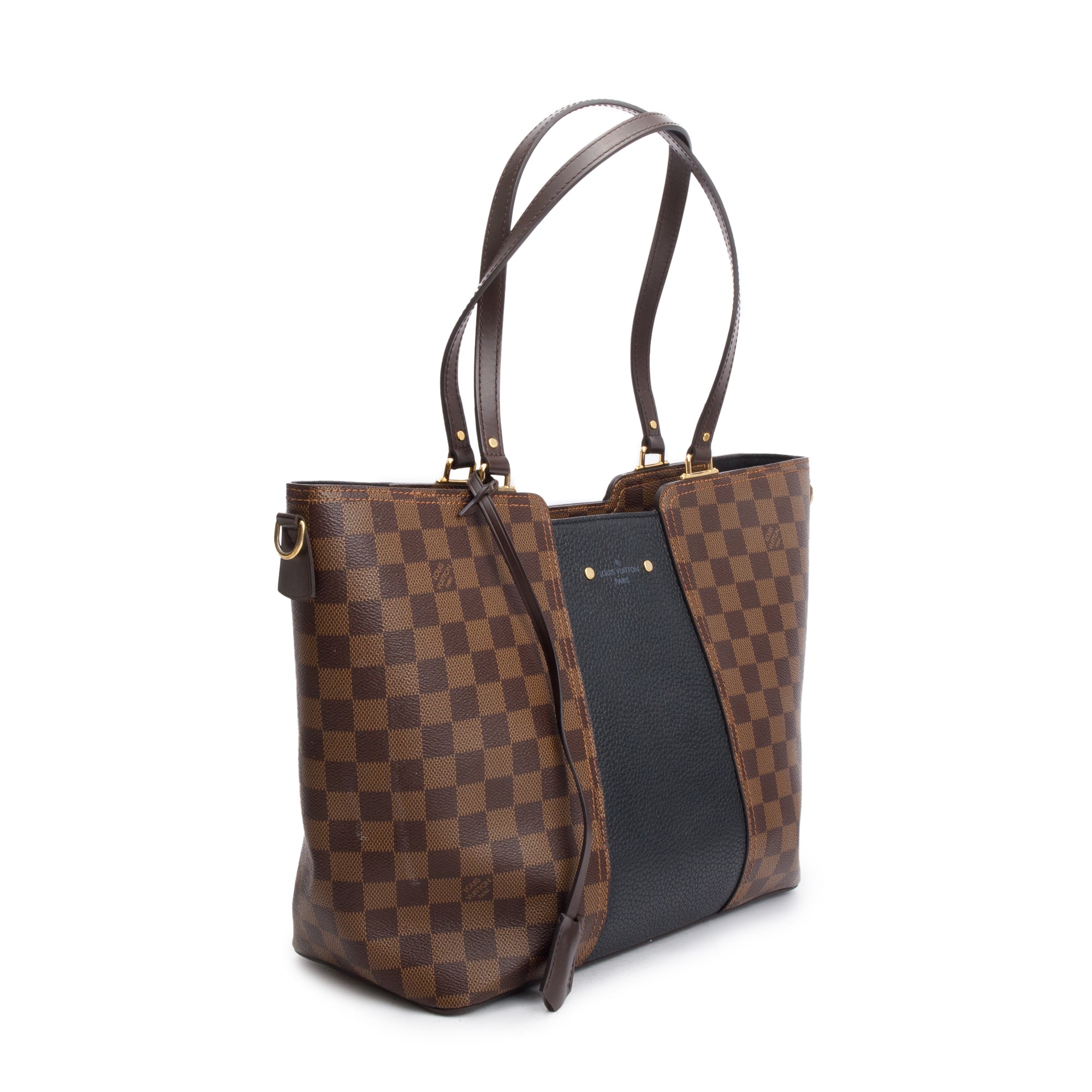 Louis Vuitton Damier Ebene Black Taurillon Leather Trim Jersey Tote w/ Strap & Box